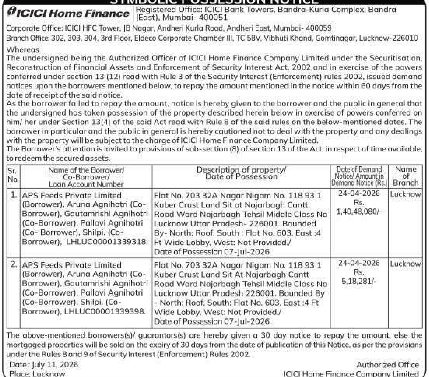 Property auction notice in Lucknow — ICICI Home Finance
