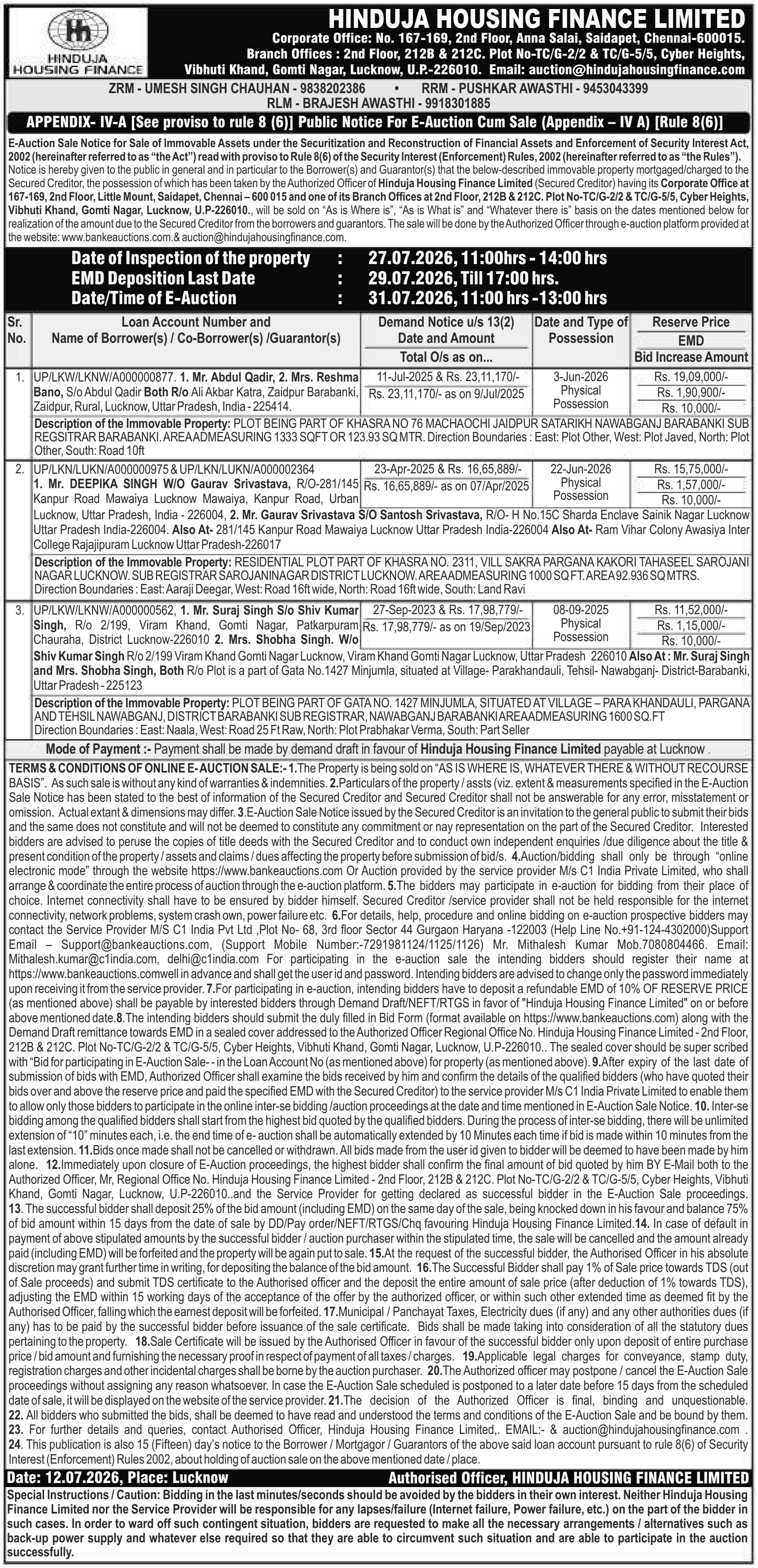 Auction notice for Hinduja Housing Finance Limited