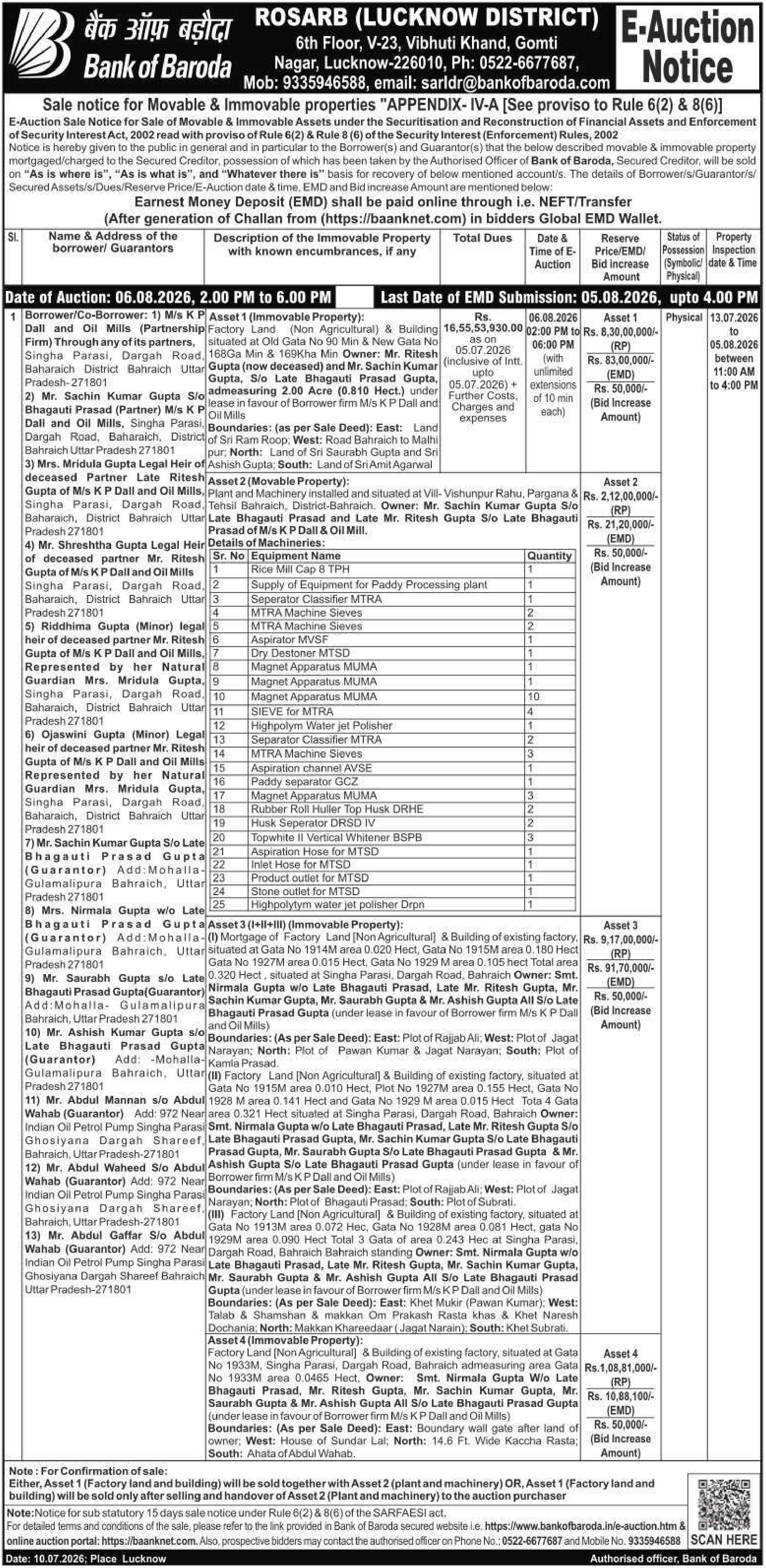 Machinery auction notice — Bank Of Baroda