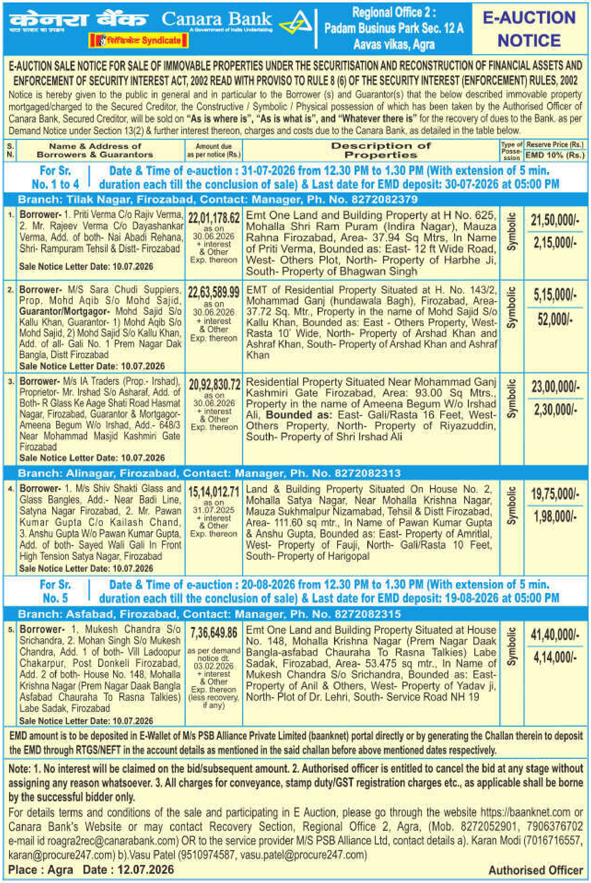Auction notice for Canara Bank