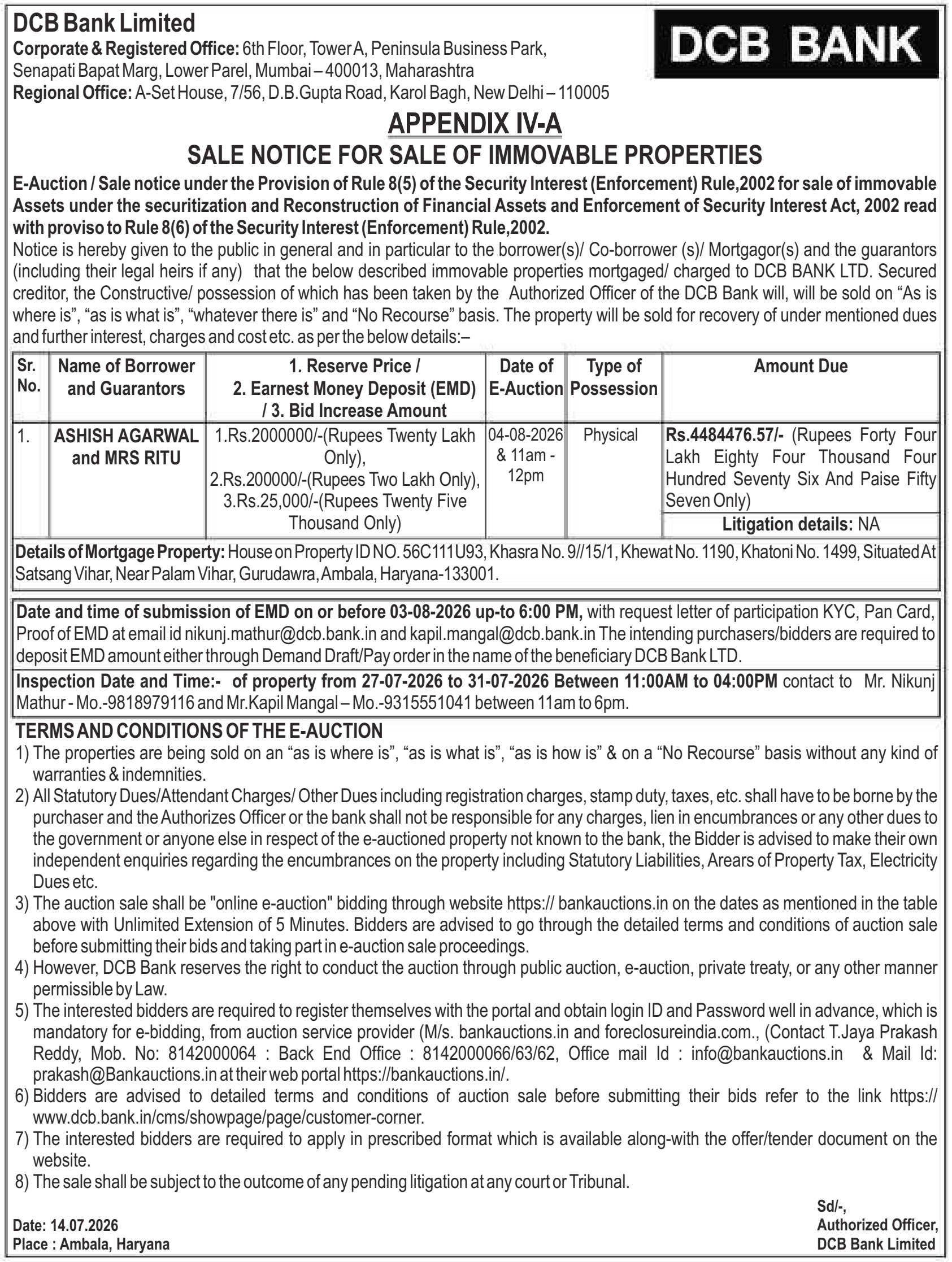 Property auction notice in Ambala — Dcb Bank Limited