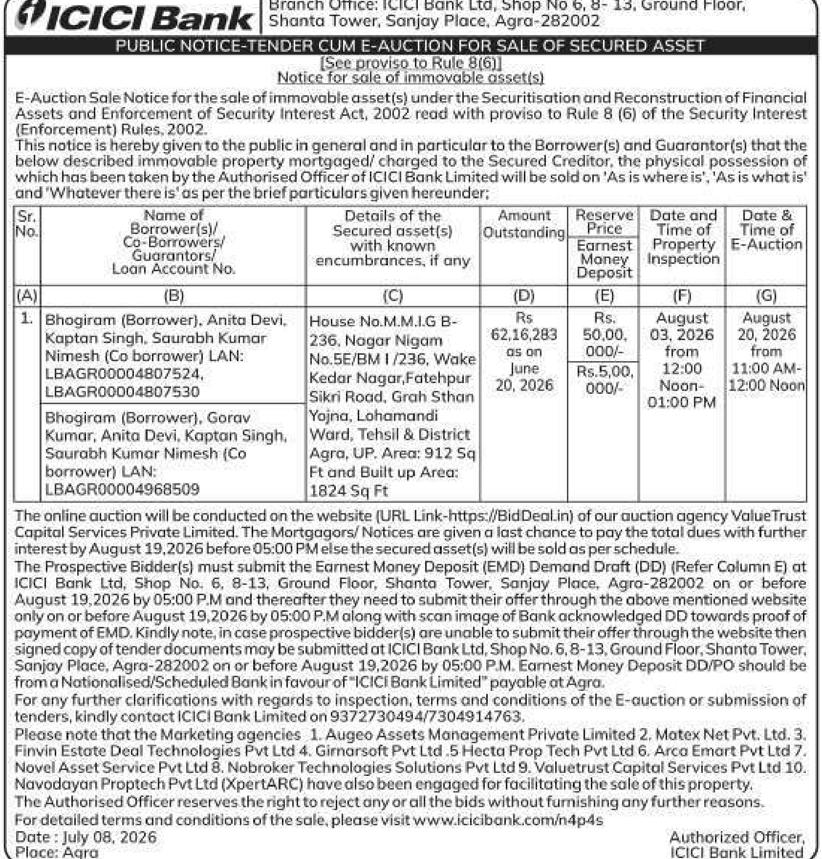 Property auction notice in Agra — ICICI Bank