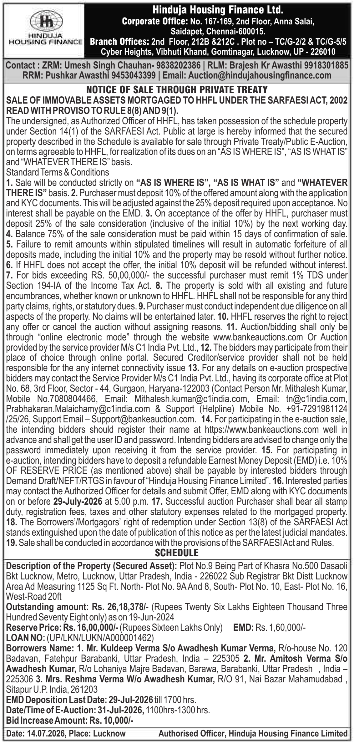 Property auction notice in Lucknow — Hinduja Housing Finance LTD.