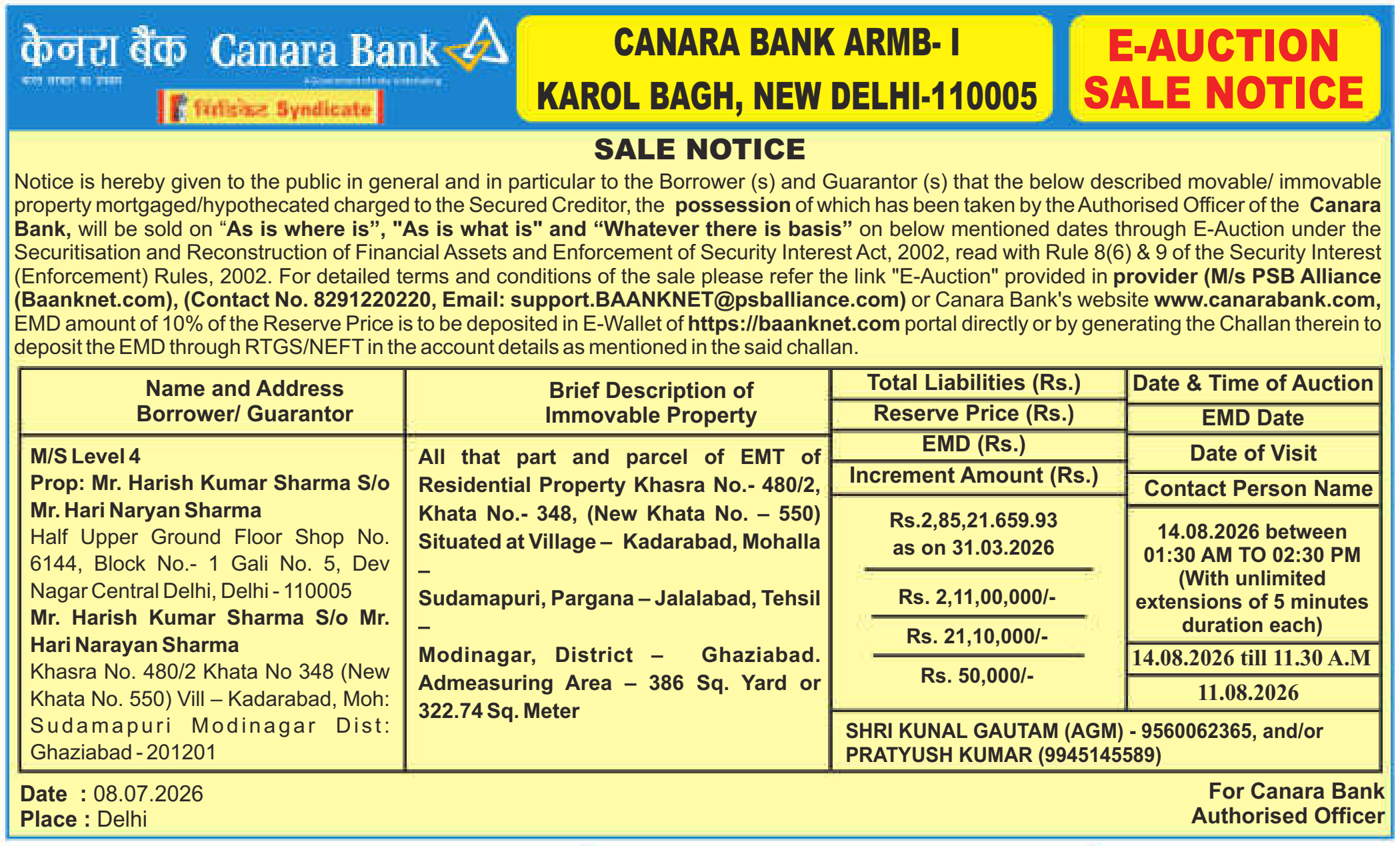 Property auction notice in Delhi — Canara Bank