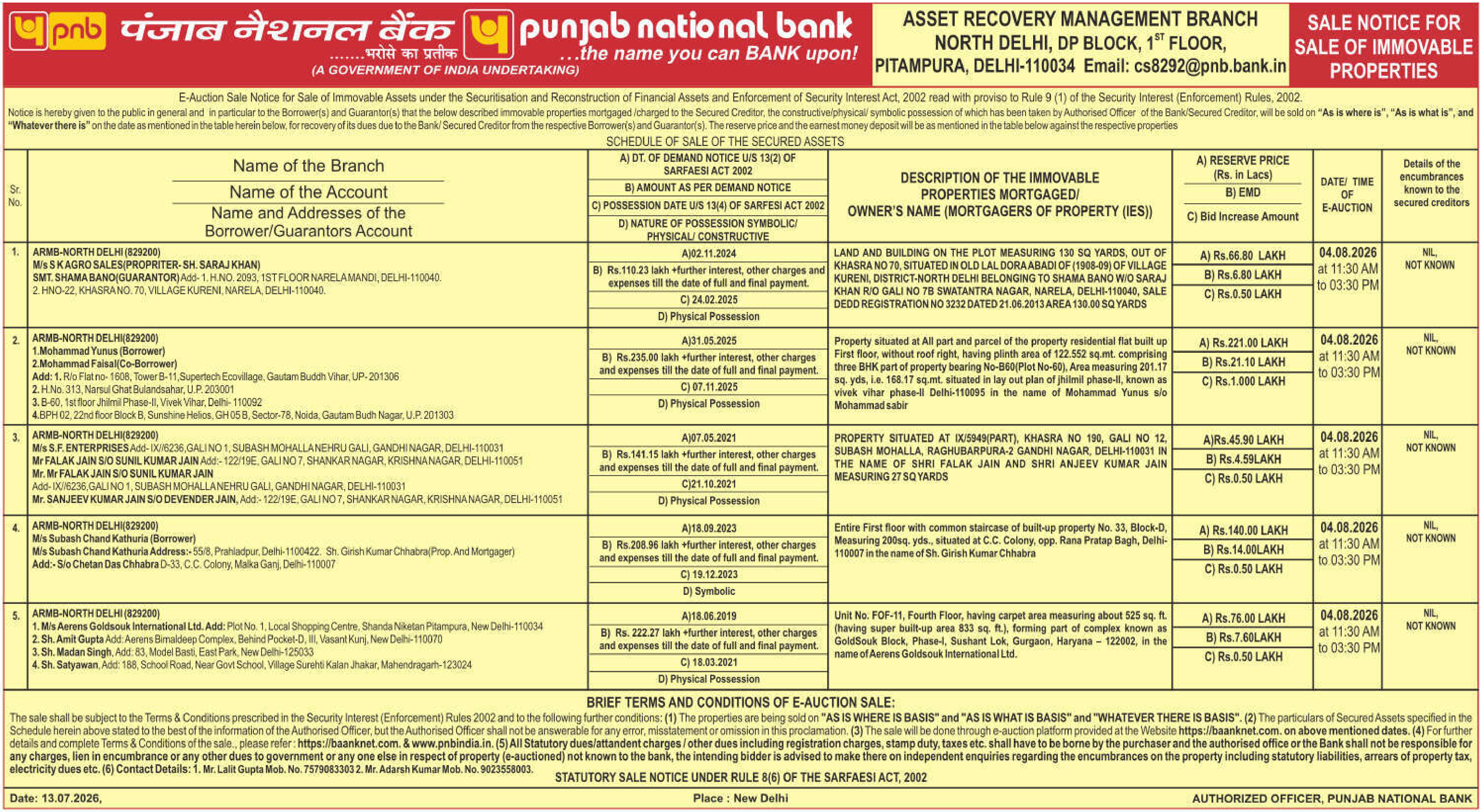 Property auction notice in Delhi — Punjab National Bank