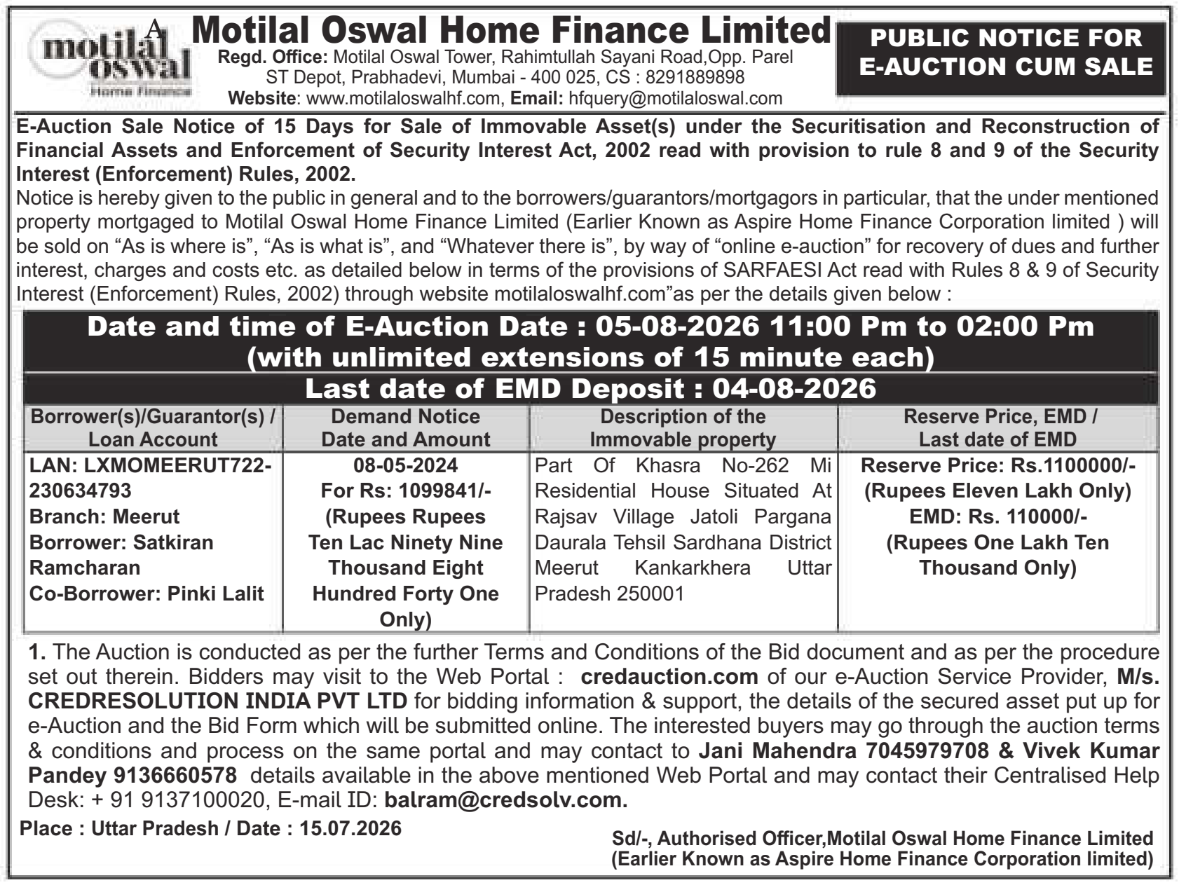 Property auction notice in Meerut — Motilal Oswal Home Finance Limited