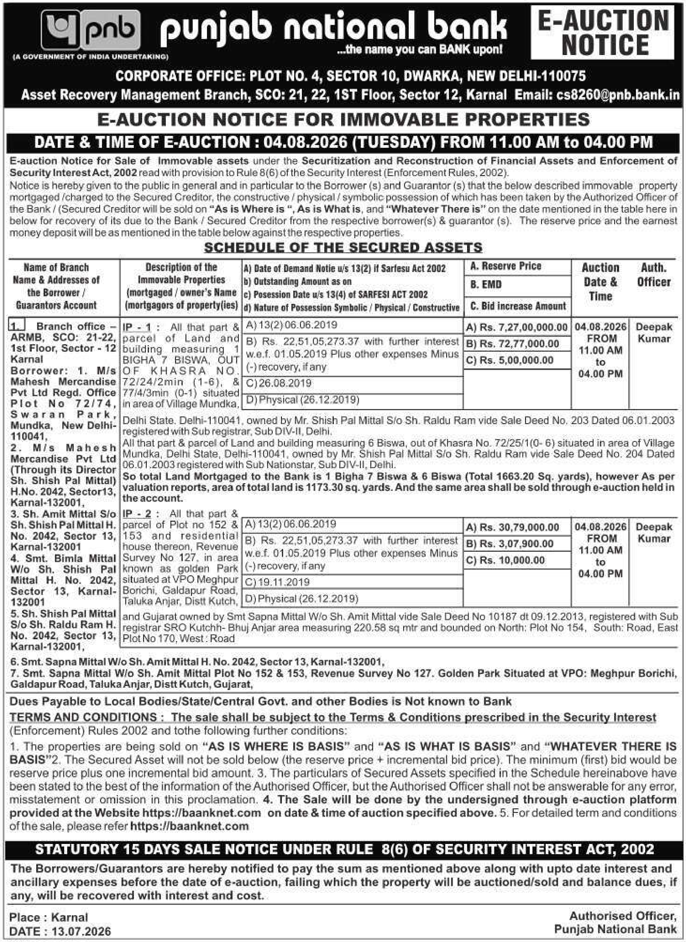 Property auction notice in Anjar — Punjab National Bank
