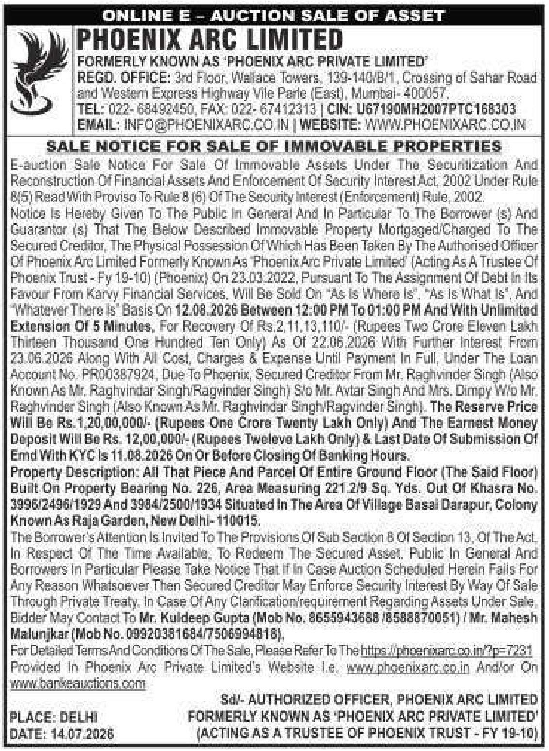 Property auction notice in New Delhi — Phoenix ARC Limited