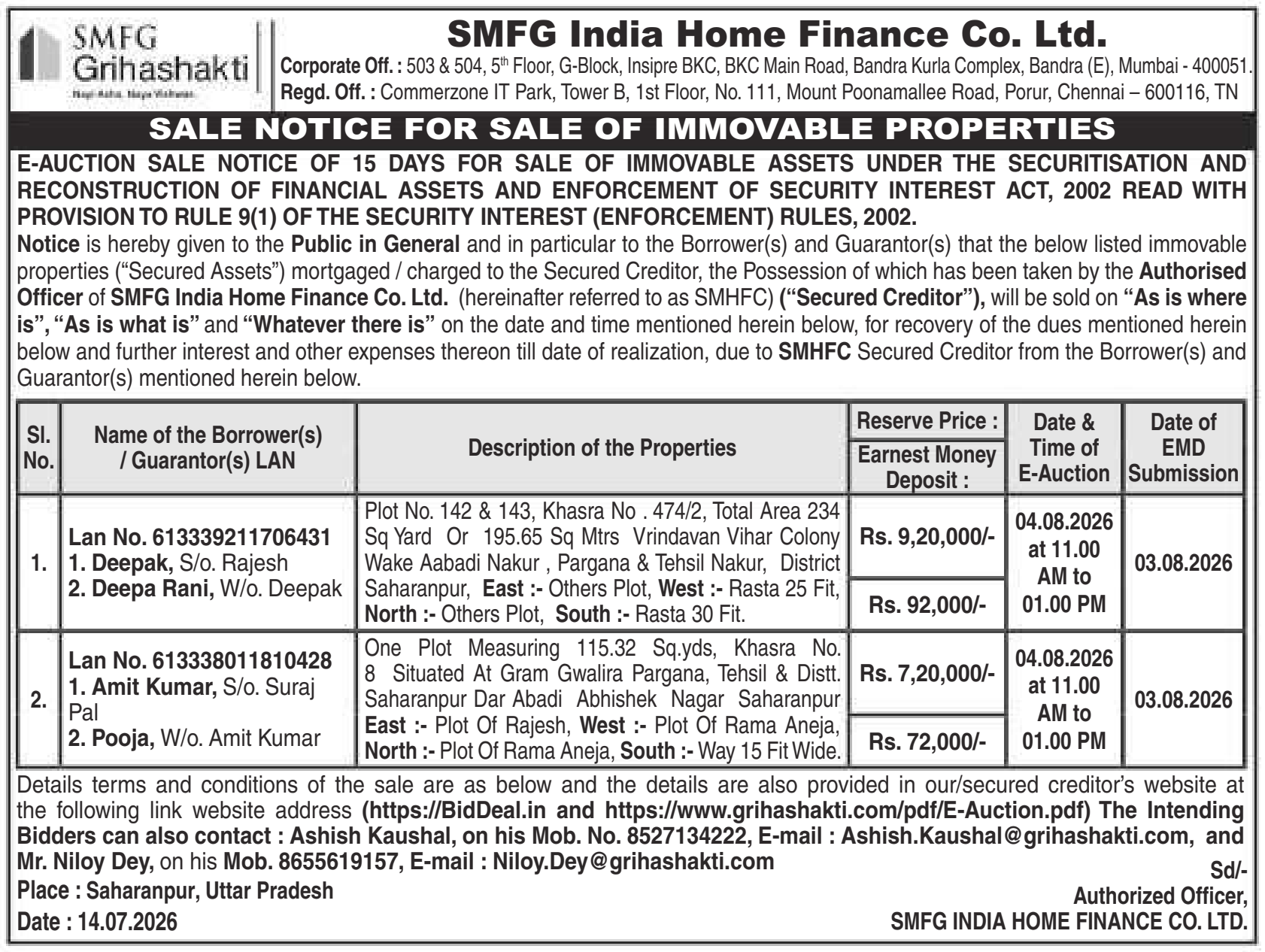 Property auction notice in Saharanpur — Smfg India Home Finance Co. LTD.