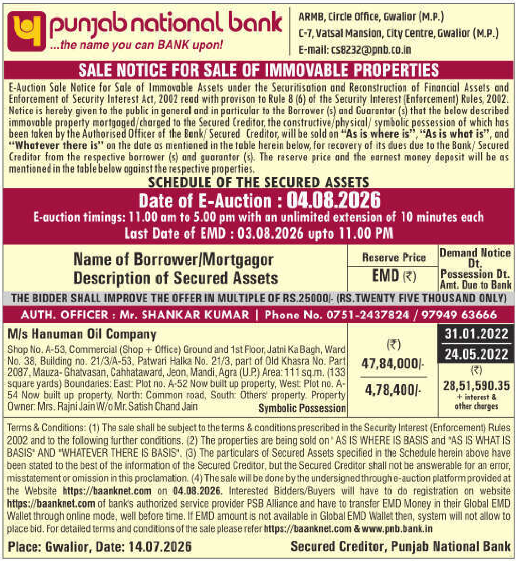 Property auction notice in Agra — Punjab National Bank