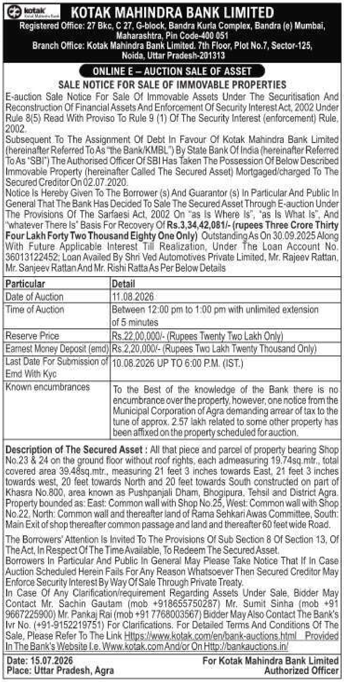 Property auction notice in Agra — Kotak Mahindra Bank Limited