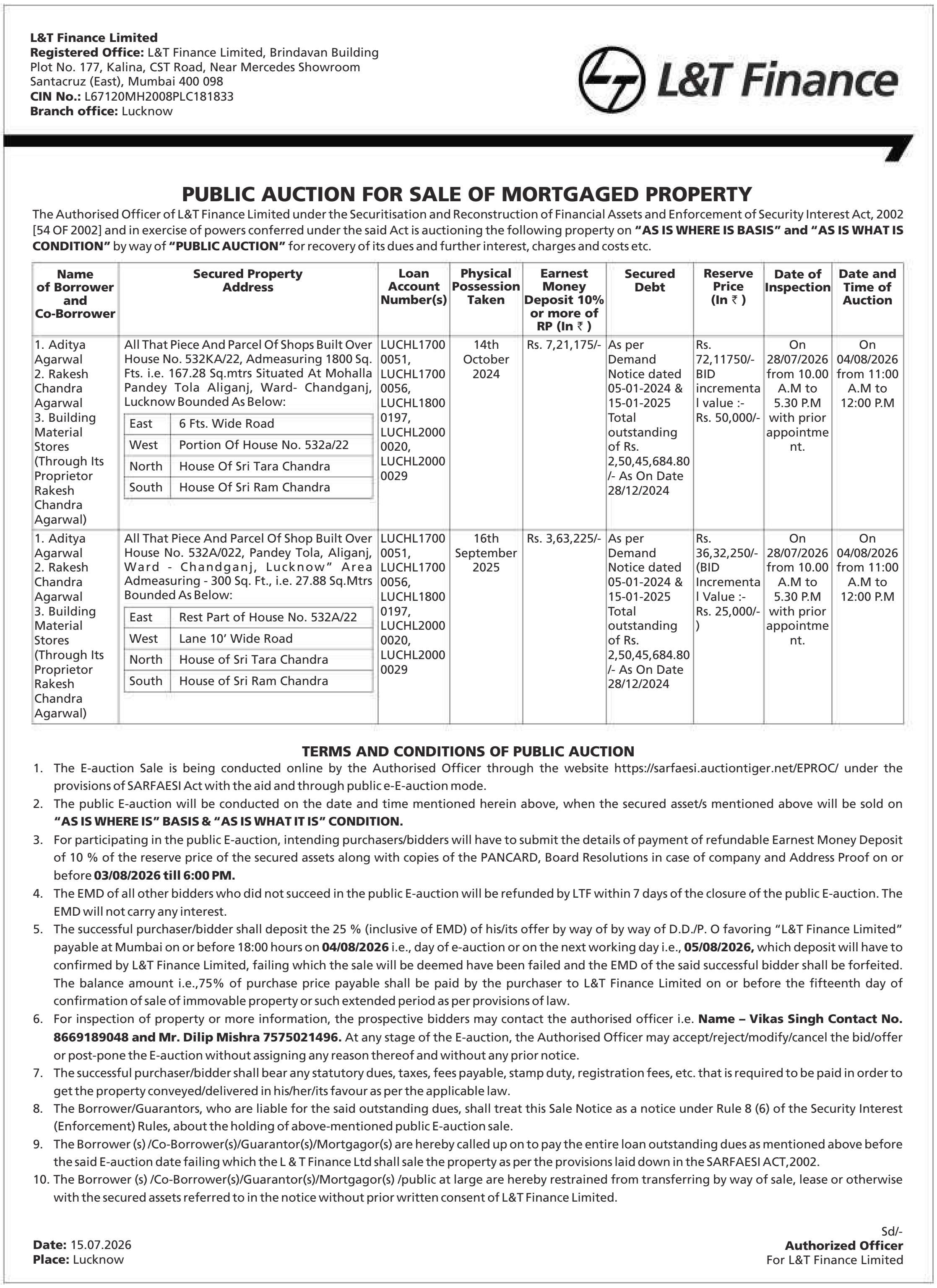 Property auction notice in Lucknow — L&t Finance Limited