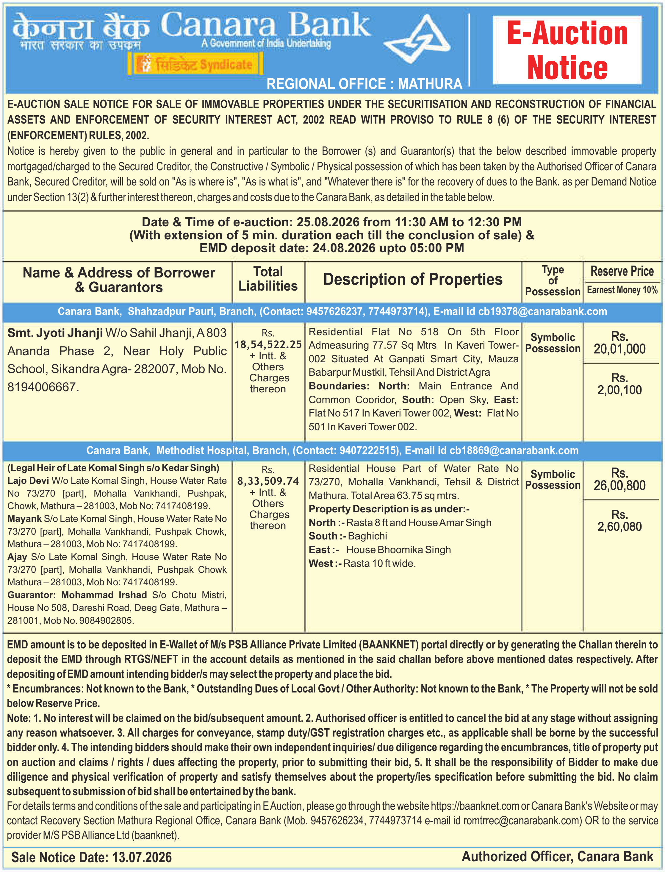 Property auction notice in Agra — Canara Bank