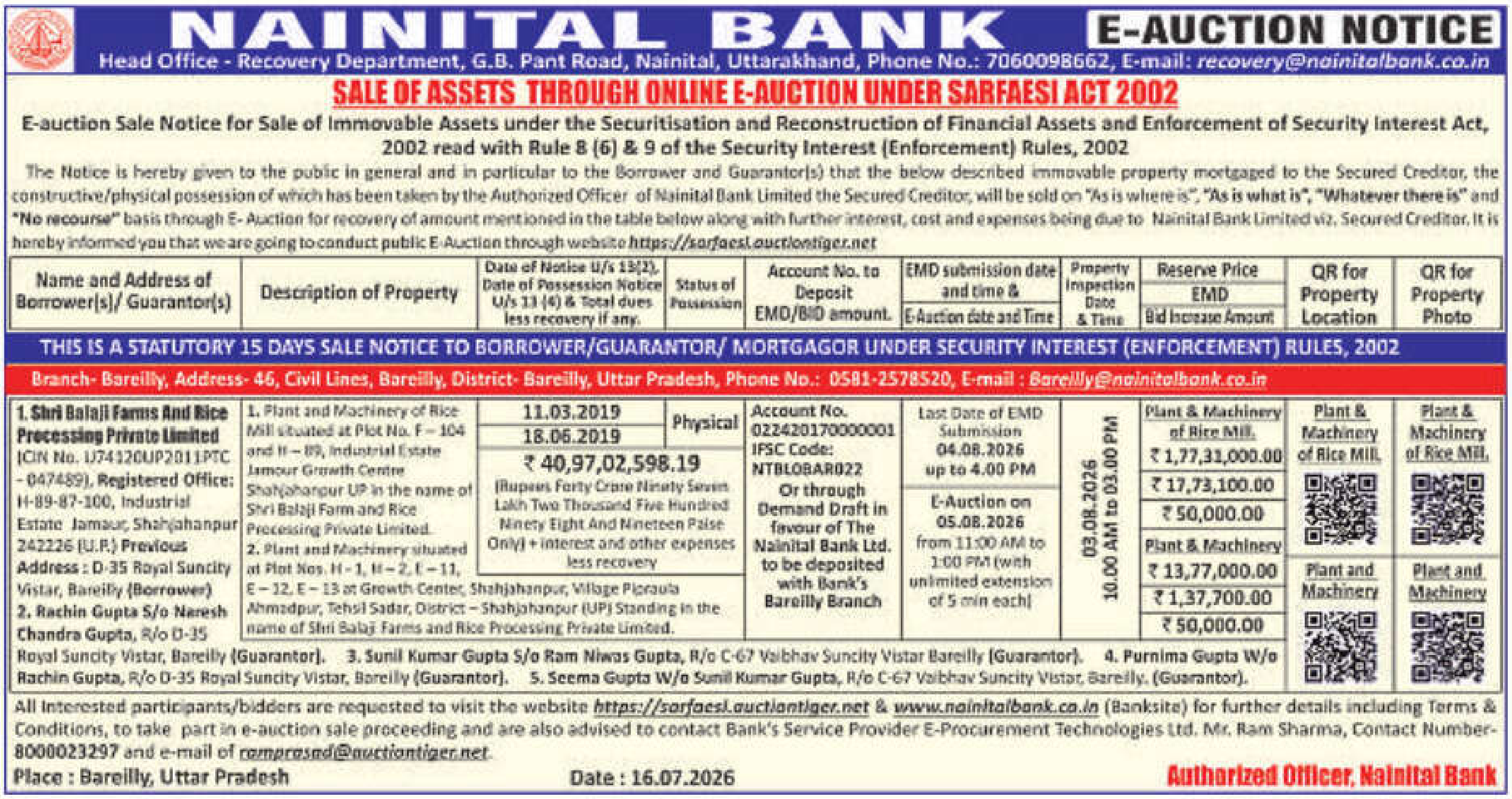 Machinery auction notice — Nainital Bank