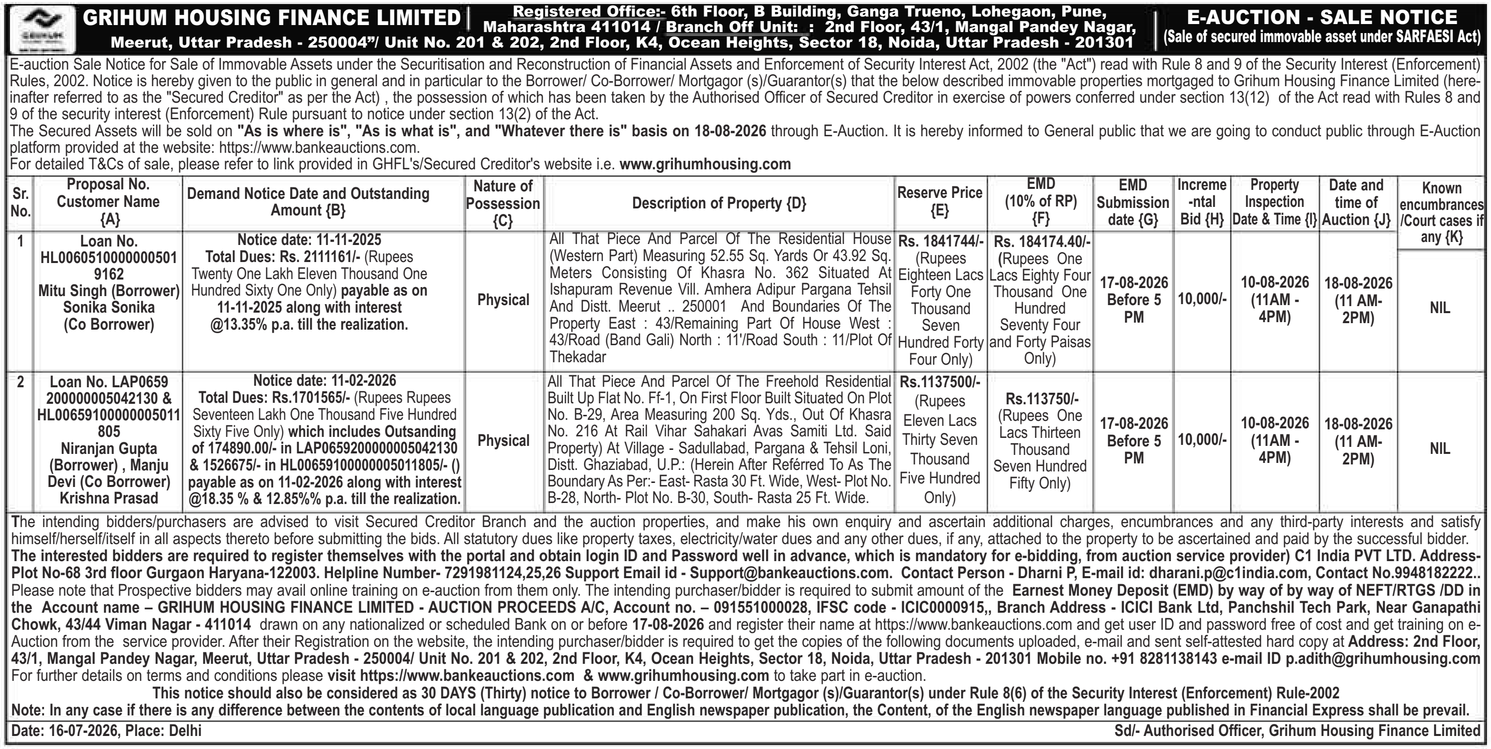Property auction notice in Meerut — Grihum Housing Finance Limited