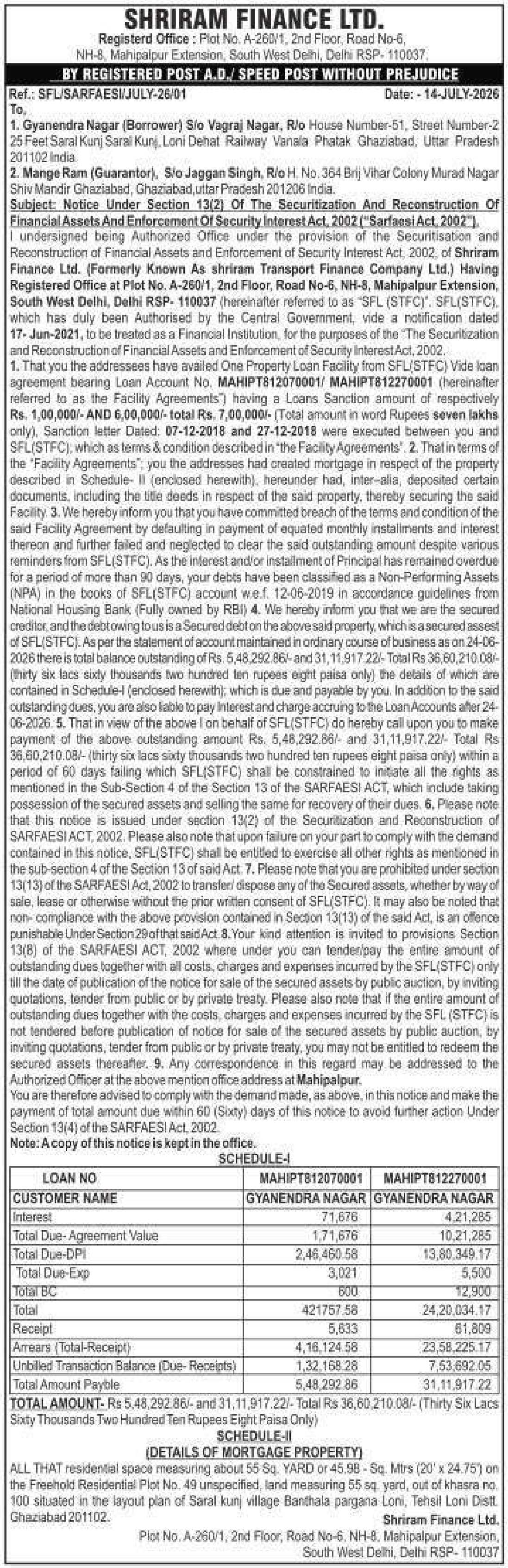 Property auction notice in Loni — Shriram Finance LTD.