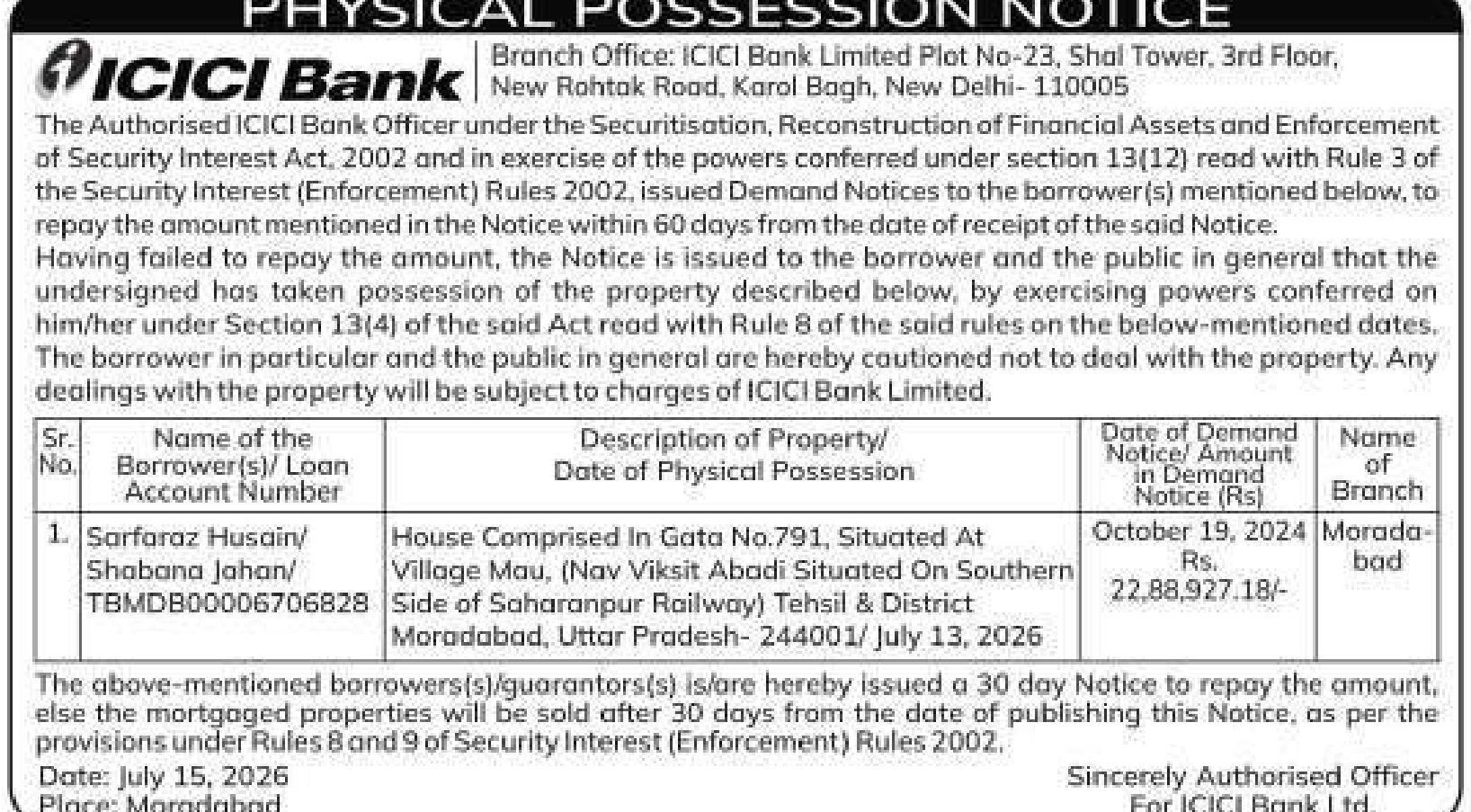 Property auction notice in Moradabad — ICICI Bank