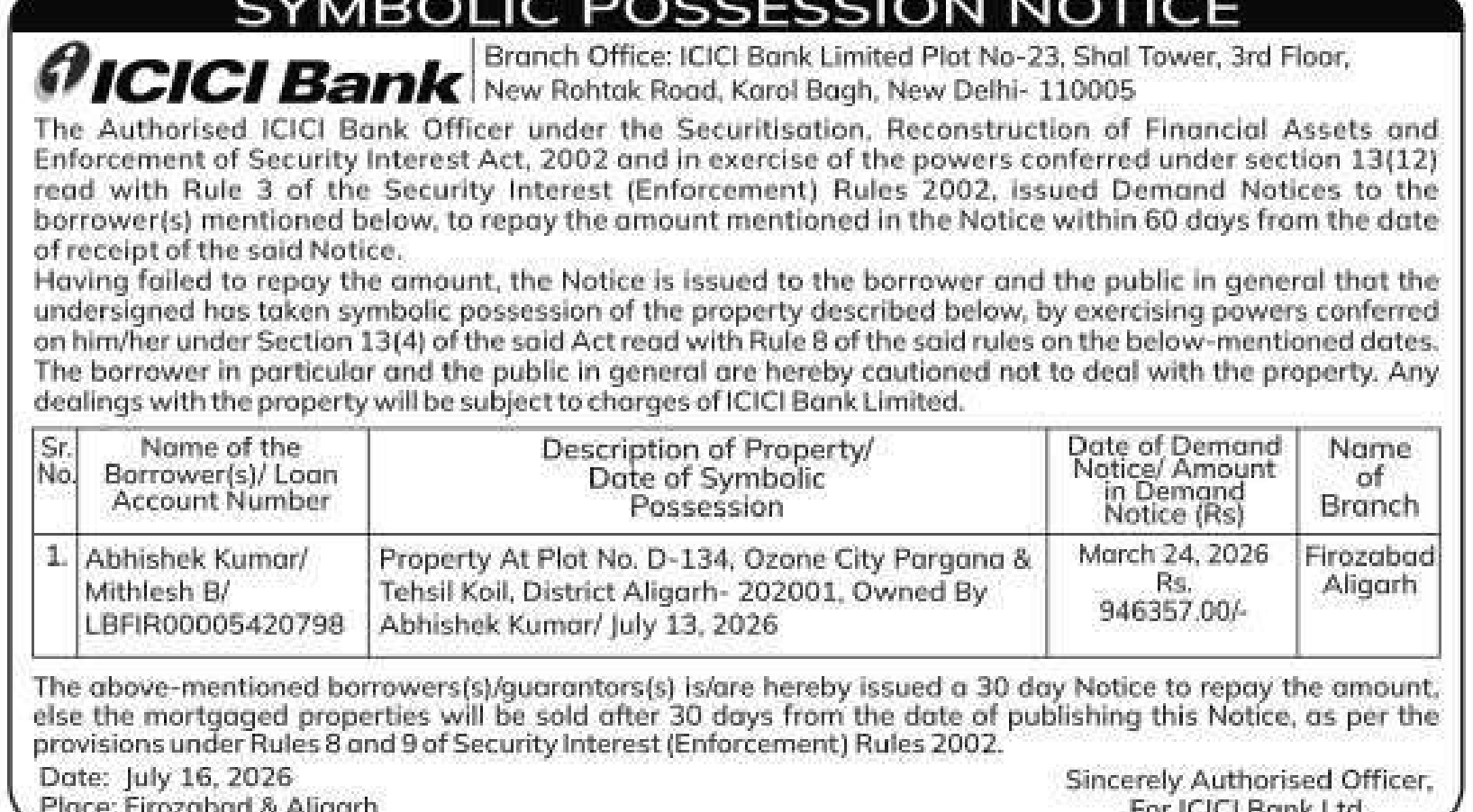 Property auction notice in Aligarh — ICICI Bank Limited