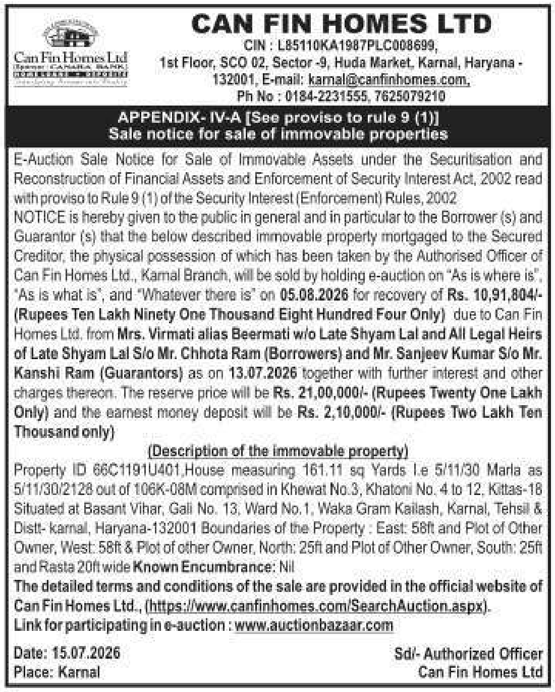 Auction notice for Can Fin Homes LTD