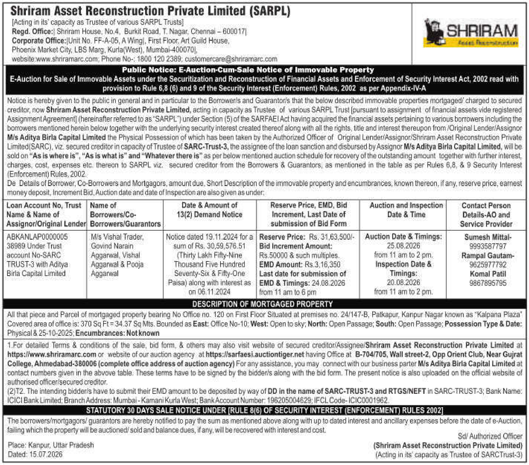 Property auction notice in Kanpur Nagar — Shriram Asset Reconstruction Private Limited (sarpl)