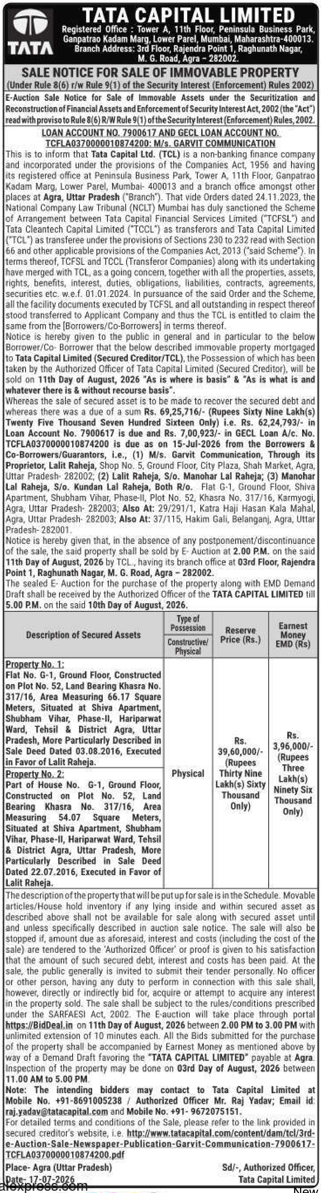 Property auction notice in Agra — Tata Capital Limited