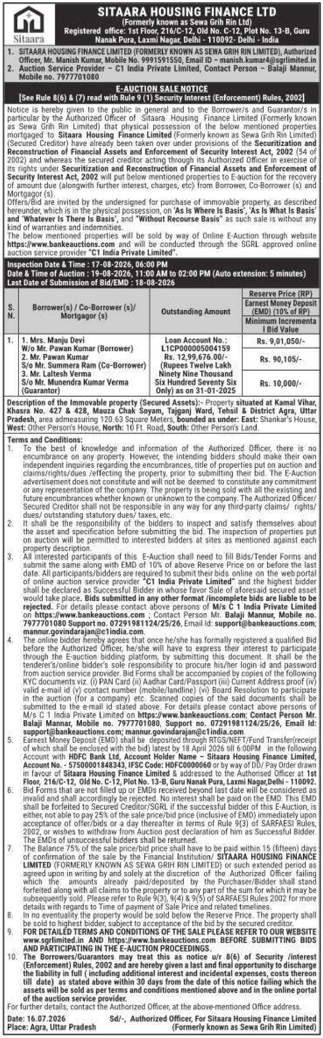 Property auction notice in Agra — Sitaara Housing Finance LTD (formerly Known As Sewa Grih Rin Ltd)