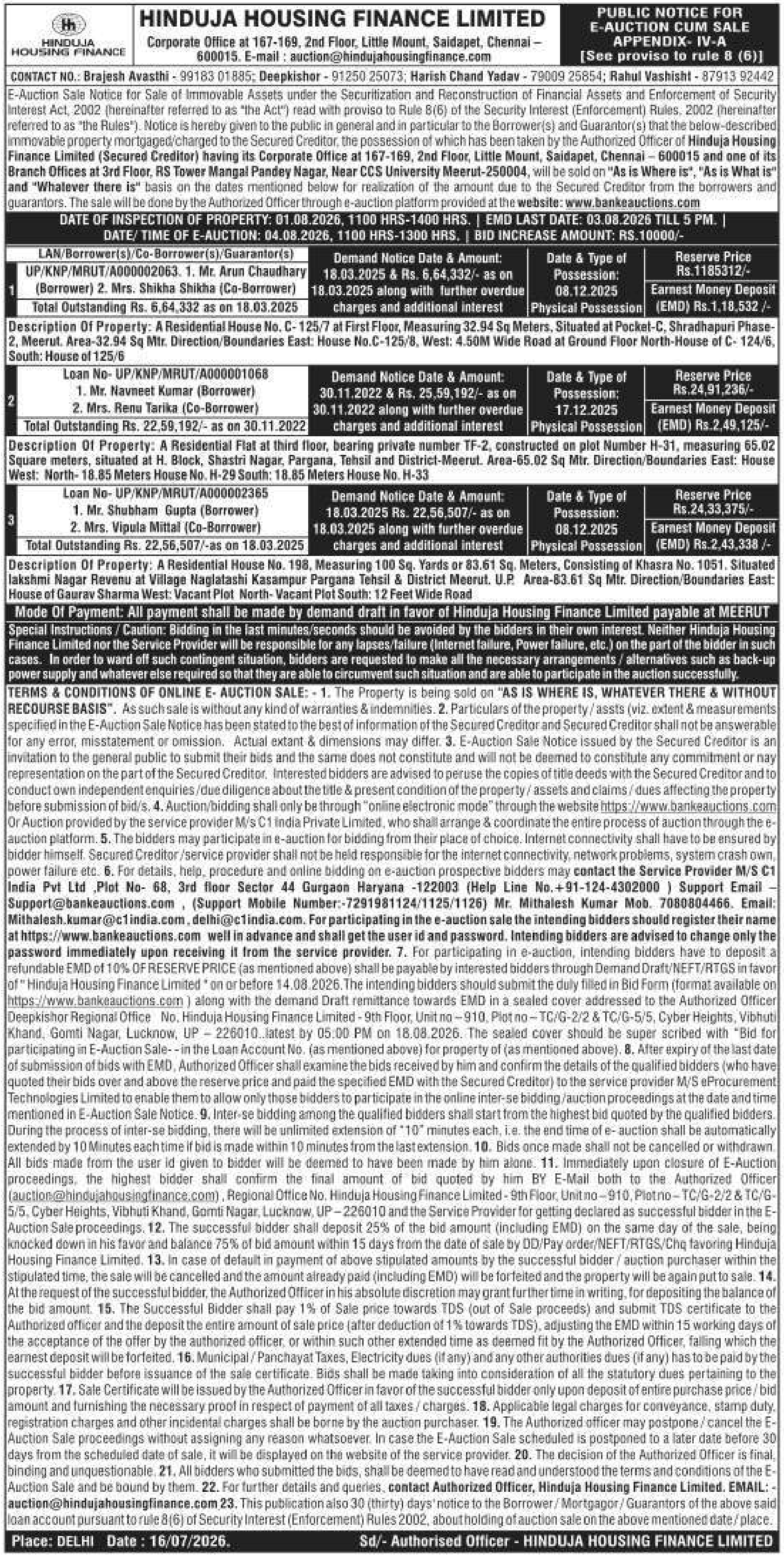 Property auction notice in Meerut — Hinduja Housing Finance Limited
