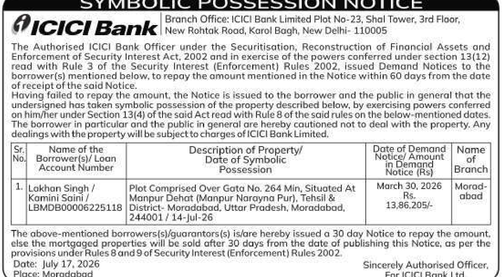 Property auction notice in Moradabad — ICICI Bank Limited