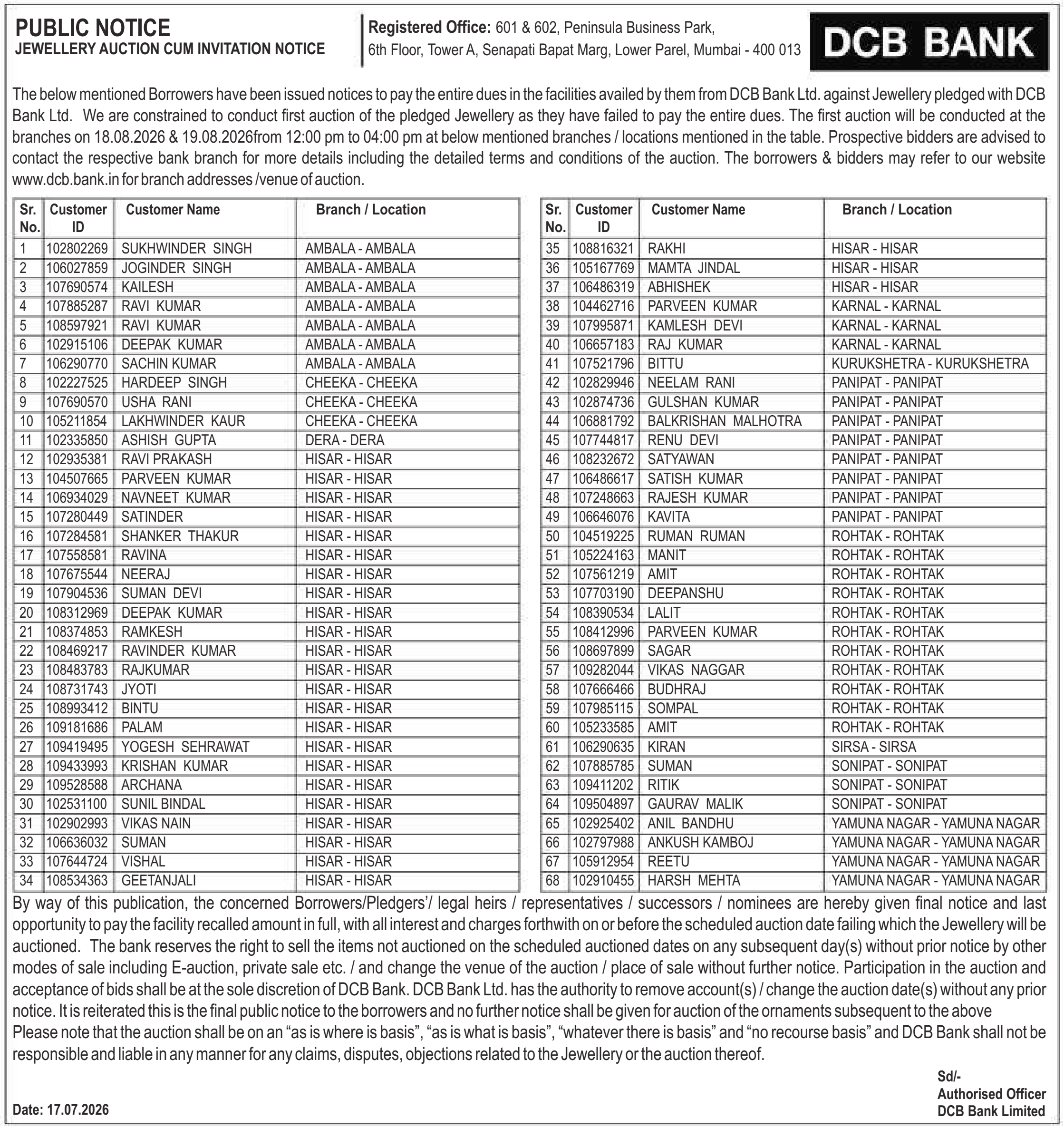 Machinery auction notice — Dcb Bank LTD.