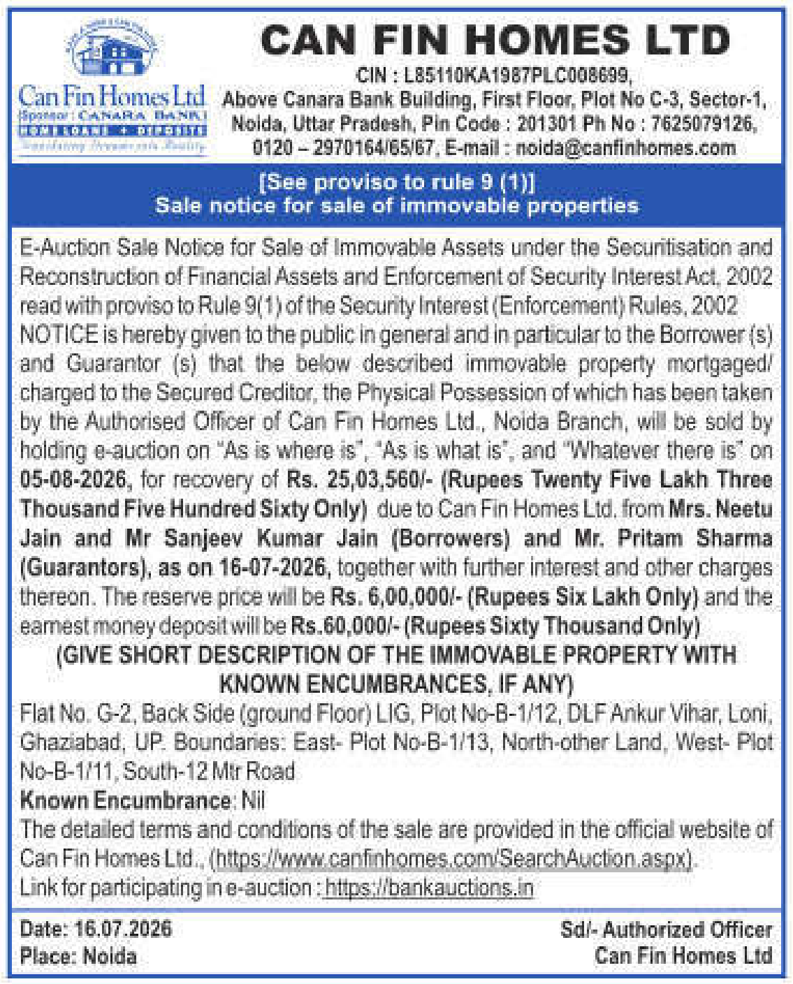 Property auction notice in Ghaziabad — Can Fin Homes LTD