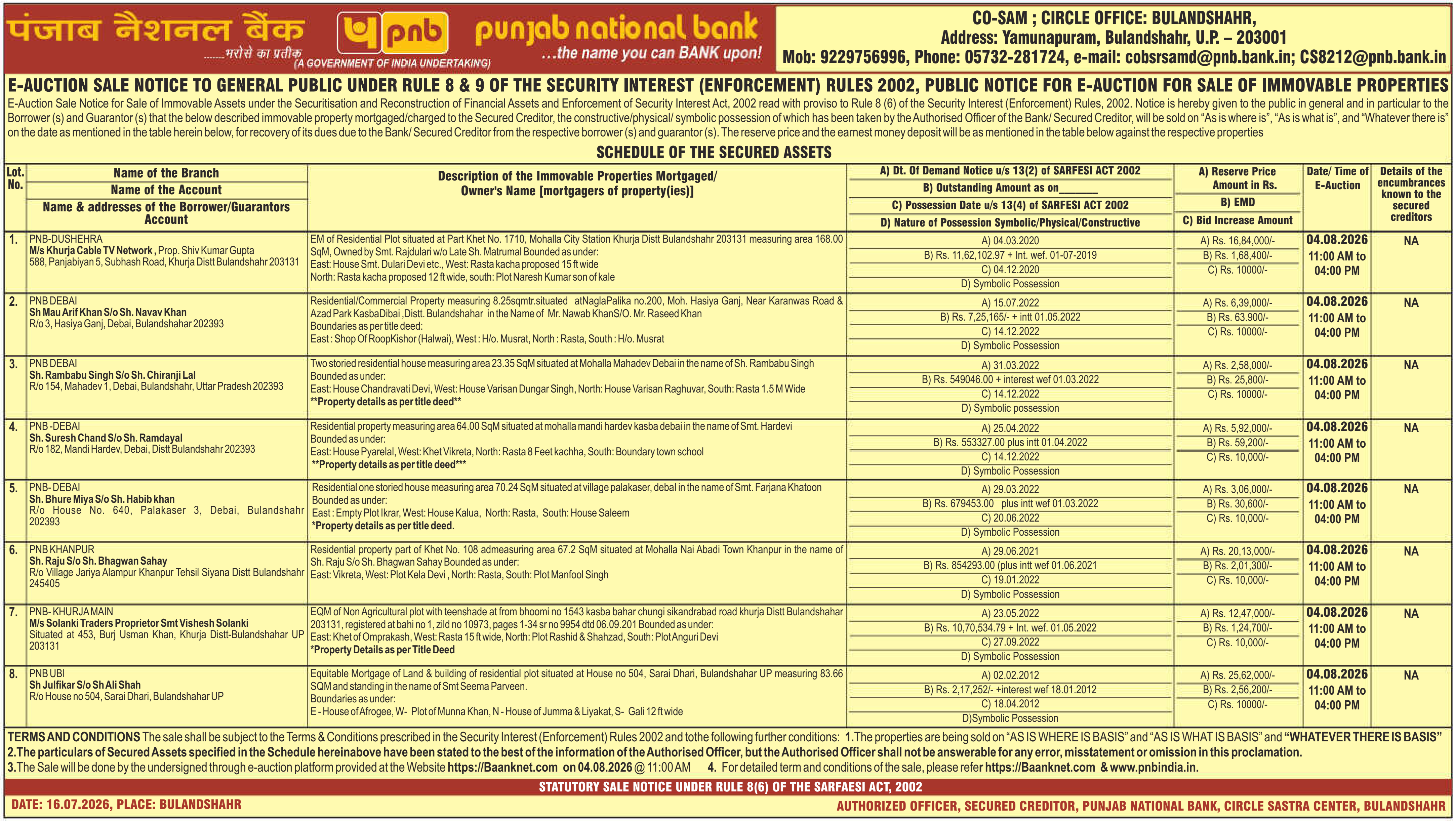 Property auction notice in Bulandshahar — Punjab National Bank