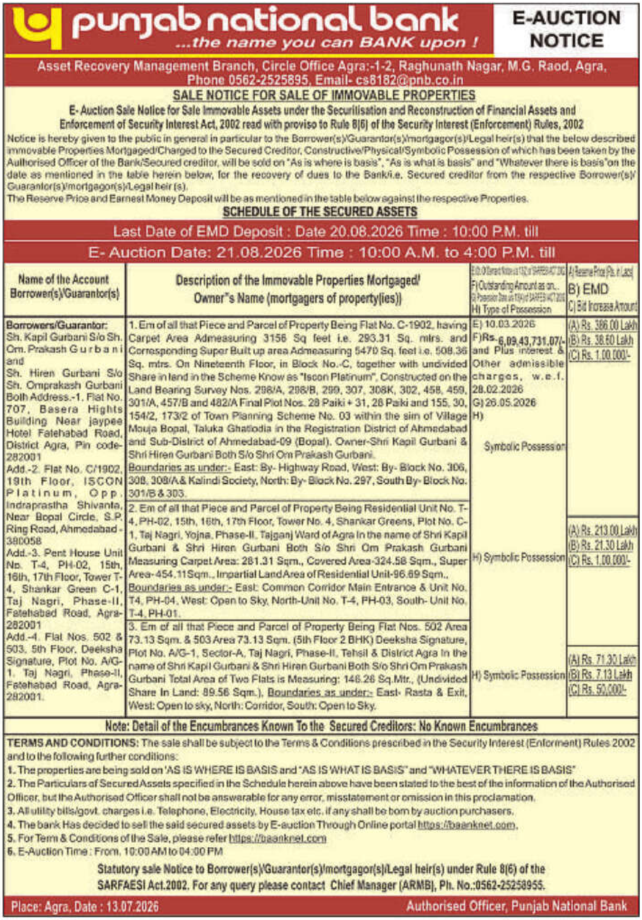 Property auction notice in Agra — Punjab National Bank