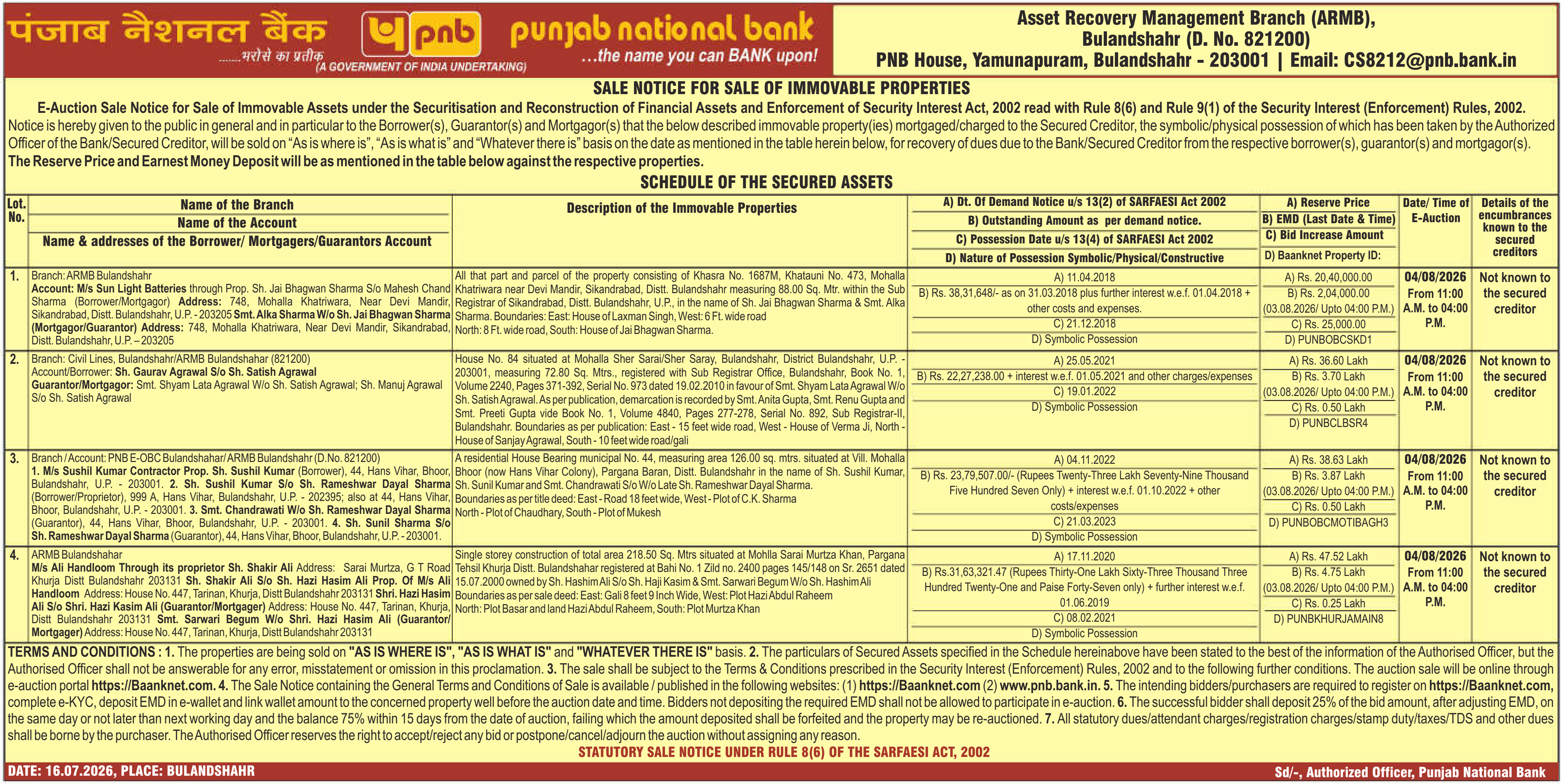 Property auction notice in Sikandrabad — Punjab National Bank