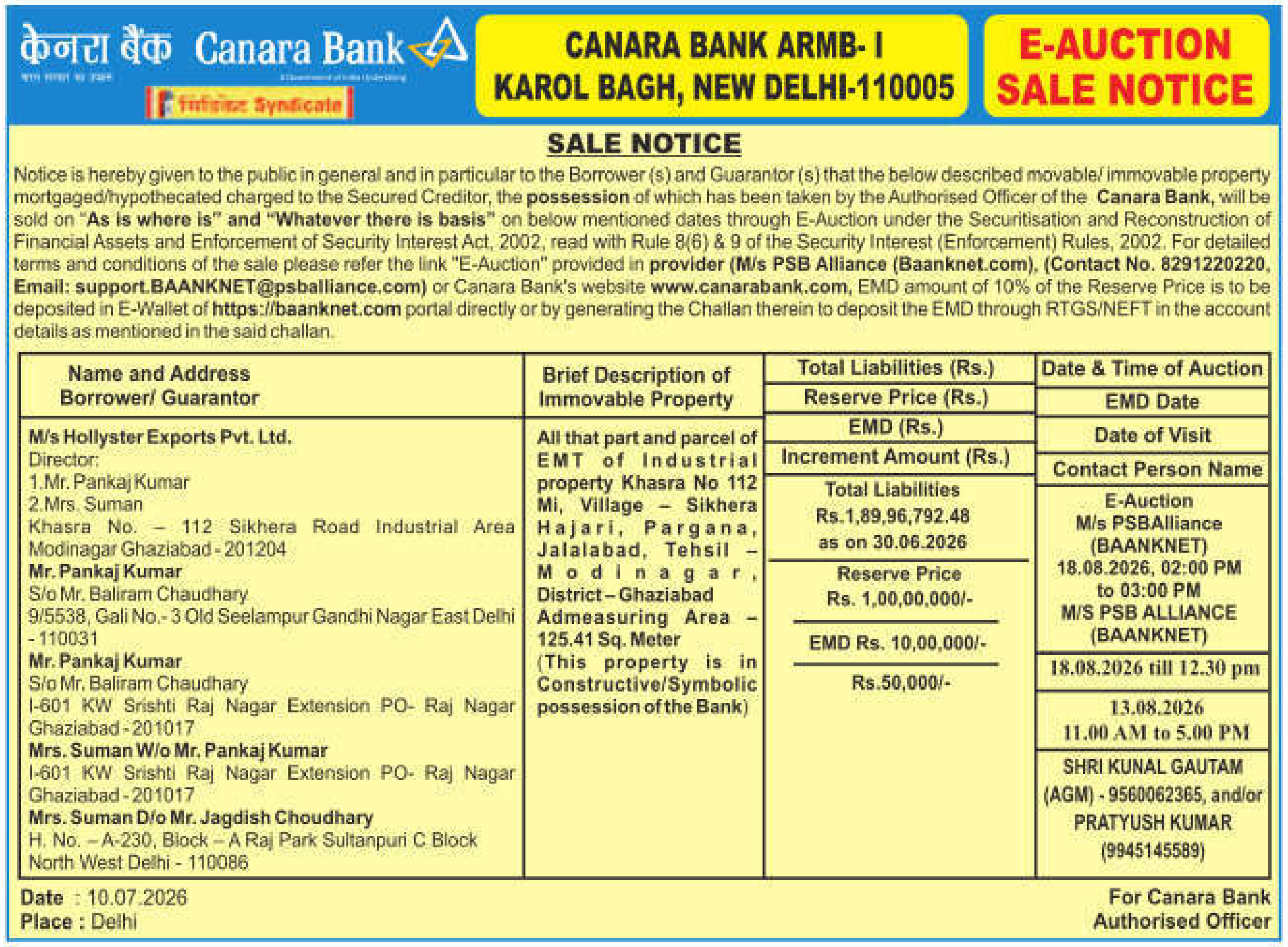 Property auction notice in Modinagar — Canara Bank
