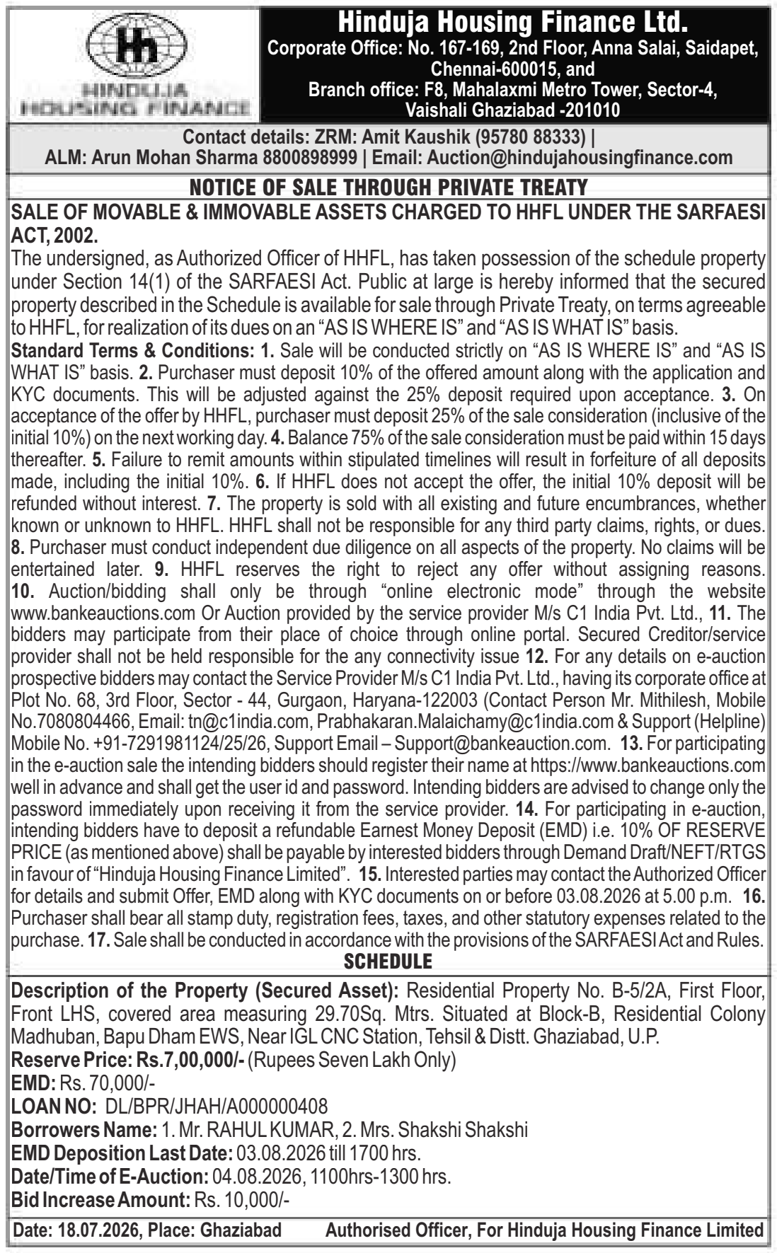 Property auction notice in Ghaziabad — Hinduja Housing Finance LTD.