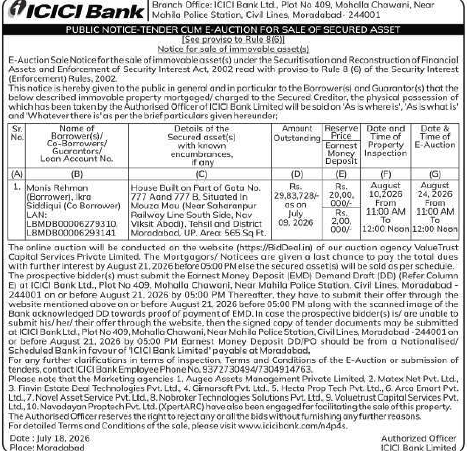 Property auction notice in Moradabad — ICICI Bank LTD.