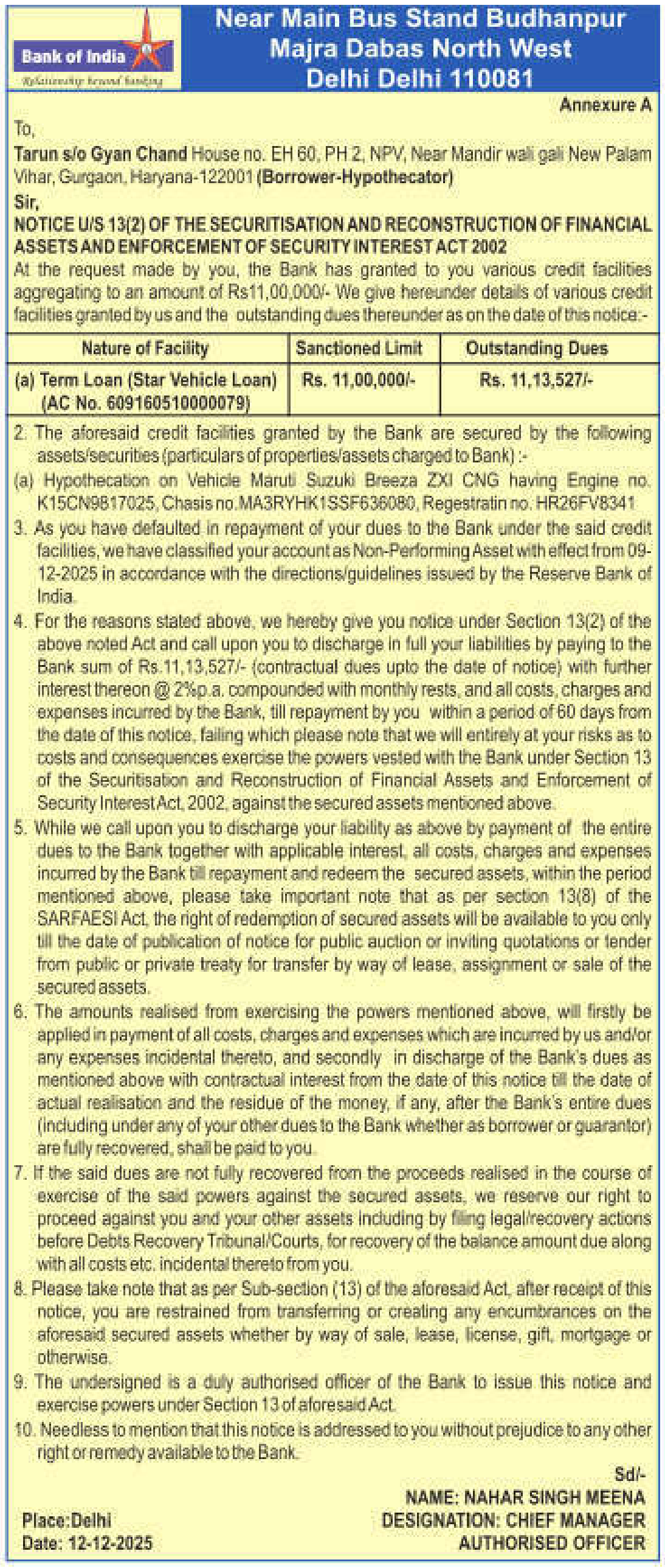 Vehicles auction notice — Bank Of India