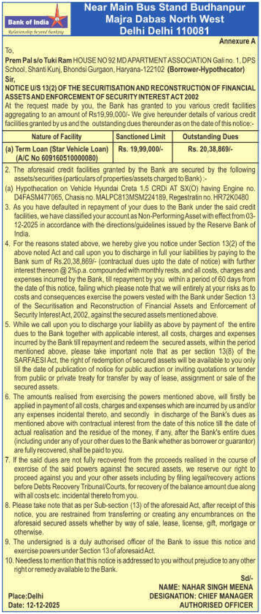 Vehicles auction notice — Bank Of India
