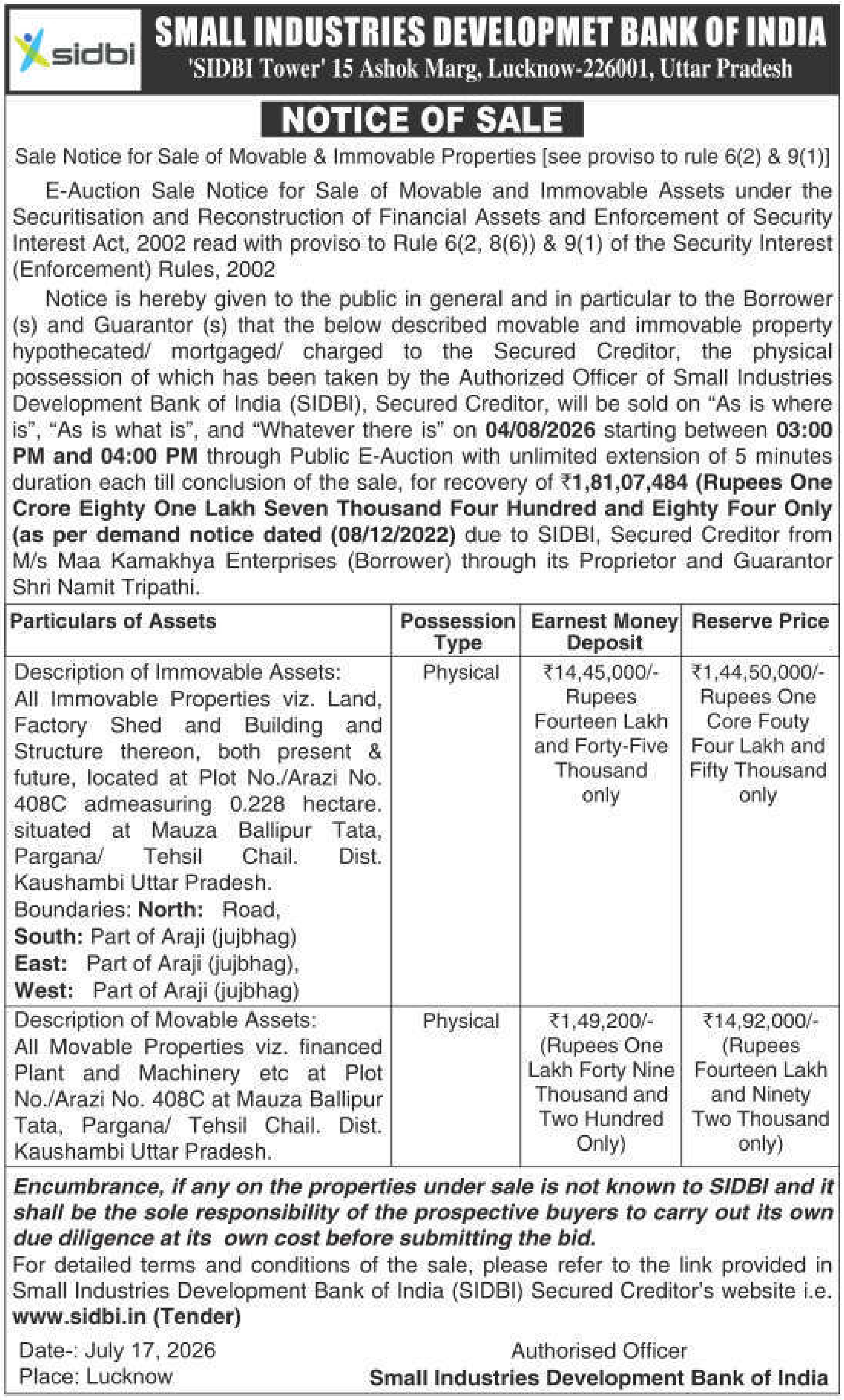 Property auction notice — Small Industries Development Bank Of India (sidbi)