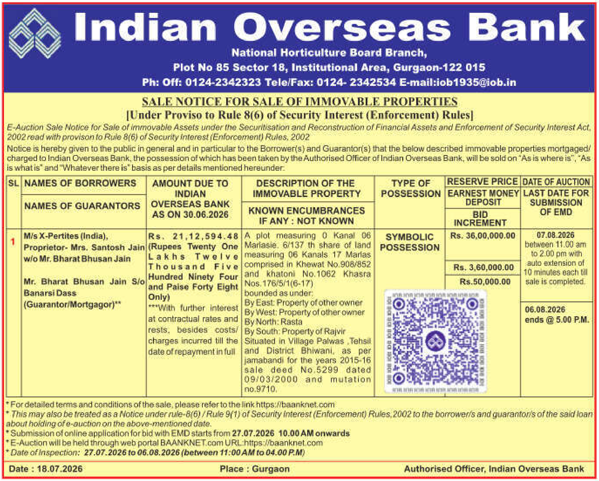Auction notice for Indian Overseas Bank