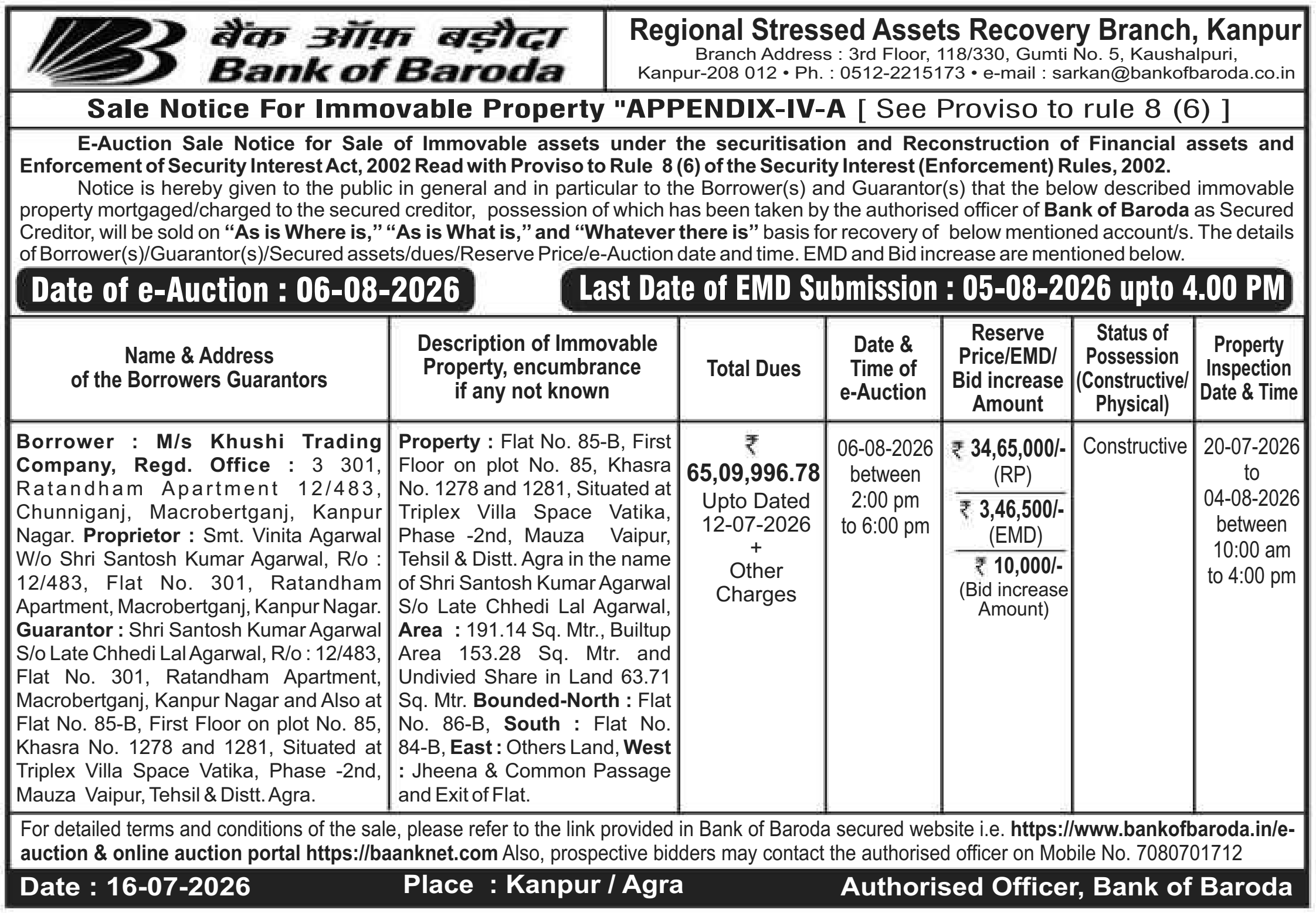 Property auction notice in Agra — Bank Of Baroda