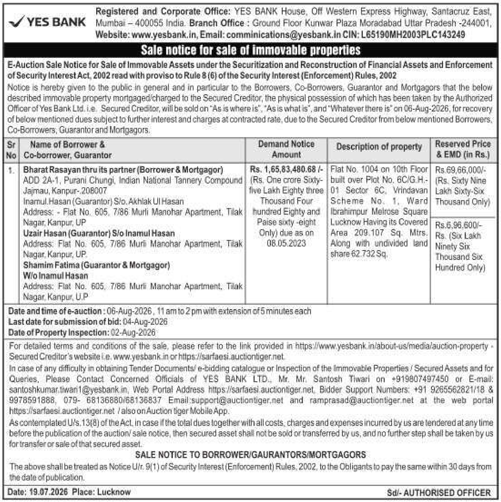 Property auction notice in Lucknow — Yes Bank