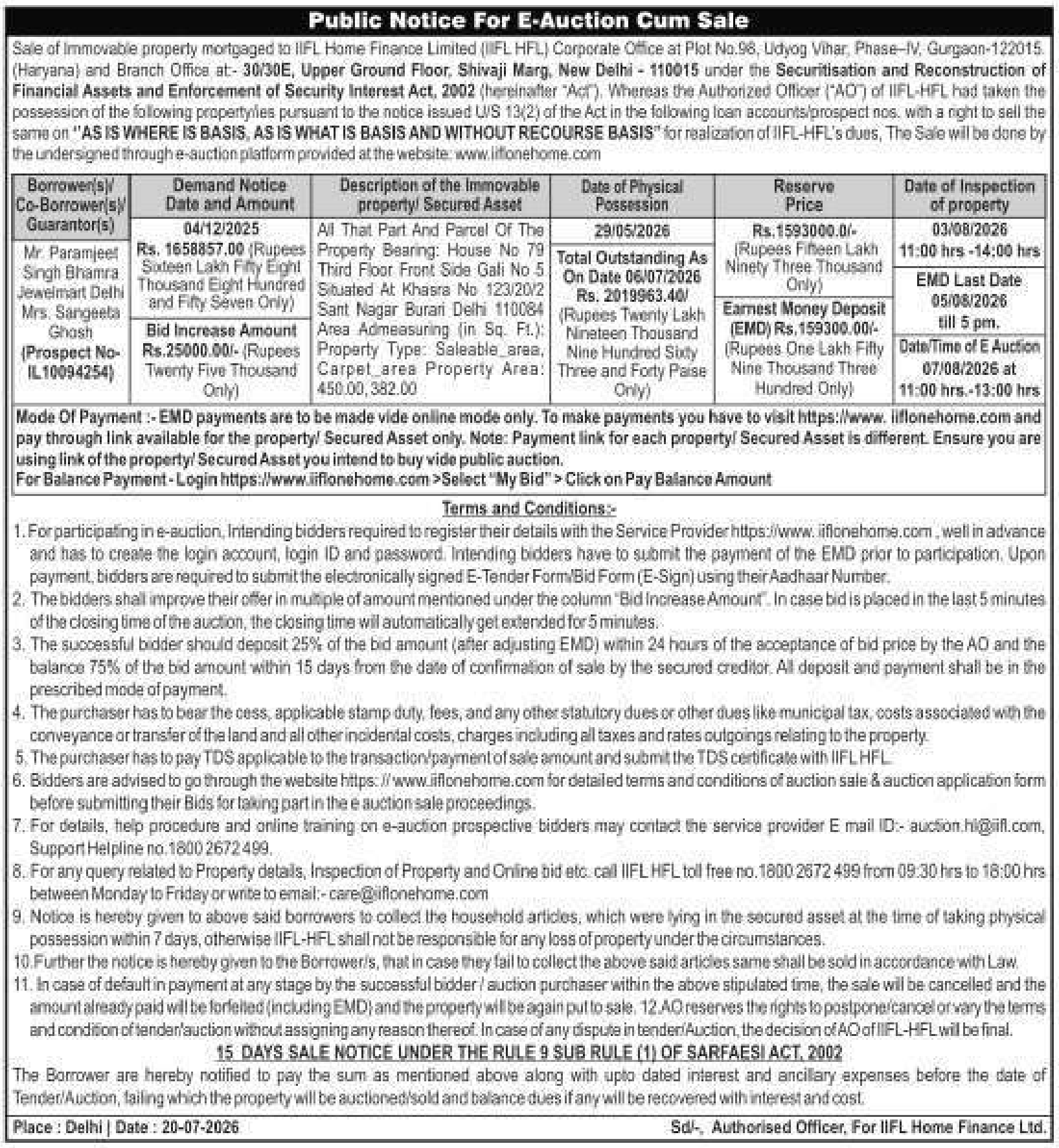 Property auction notice in Delhi — IIFL Home Finance Limited (iifl Hfl)
