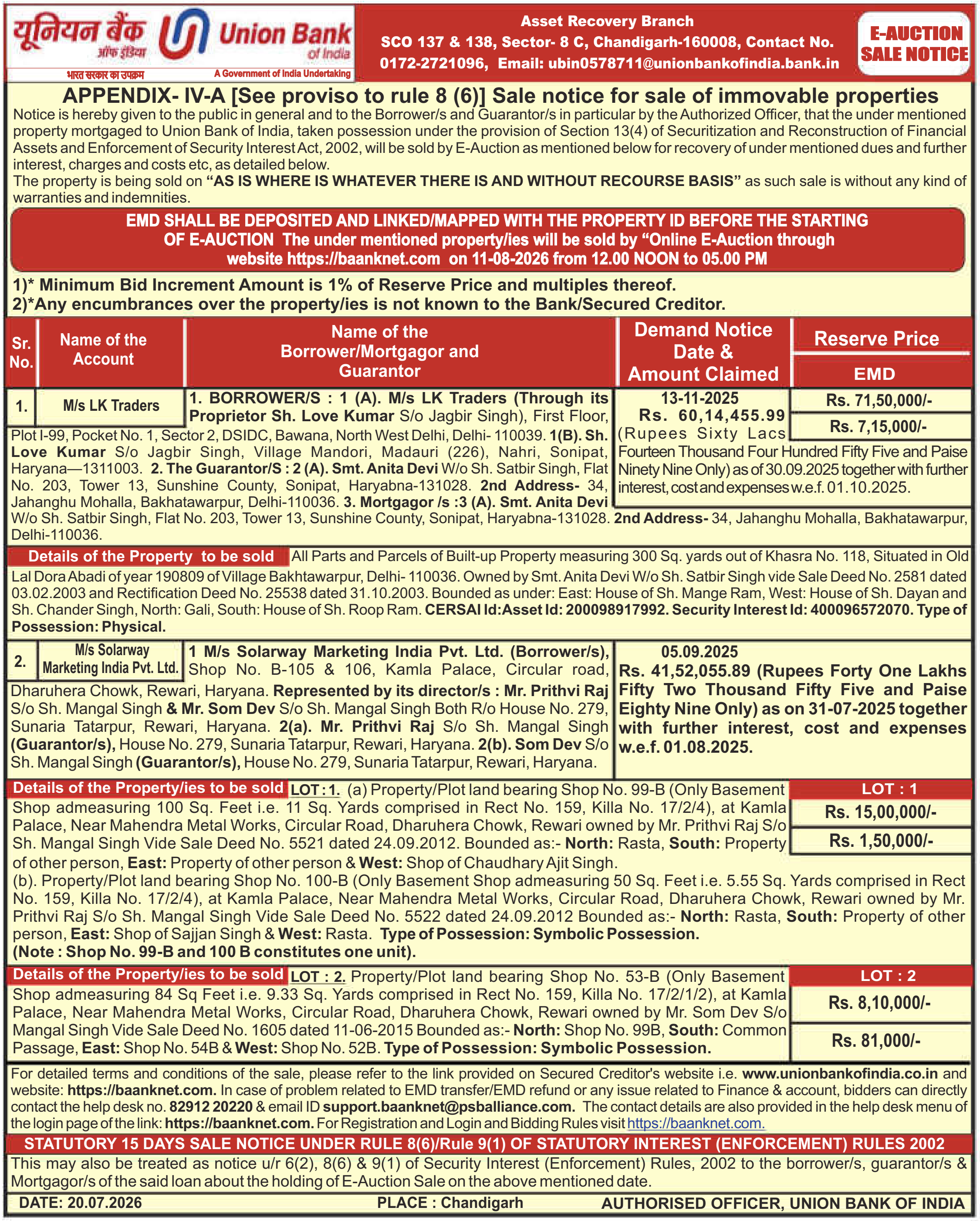 Property auction notice in Delhi — Union Bank Of India