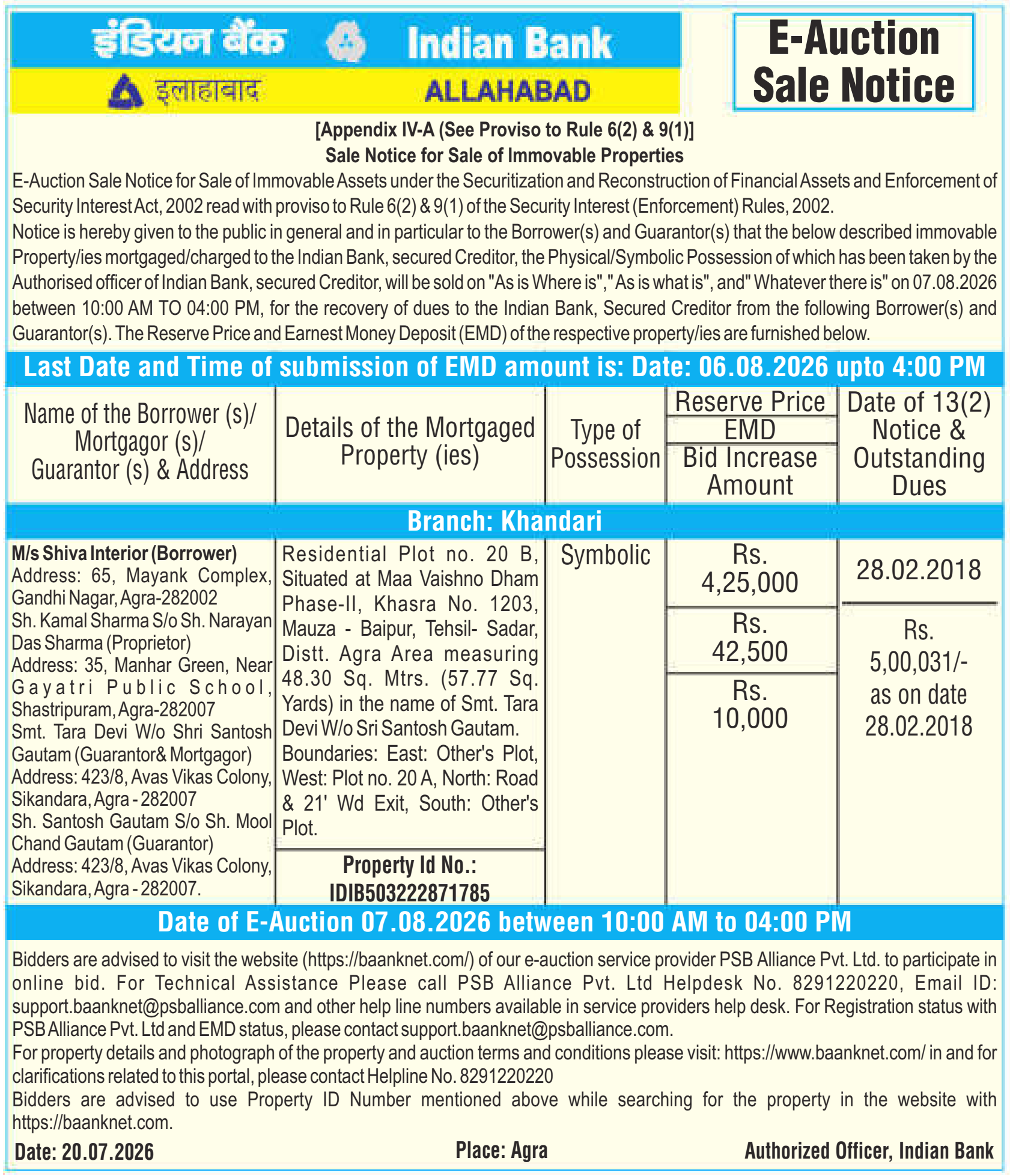 Property auction notice in Agra — Indian Bank