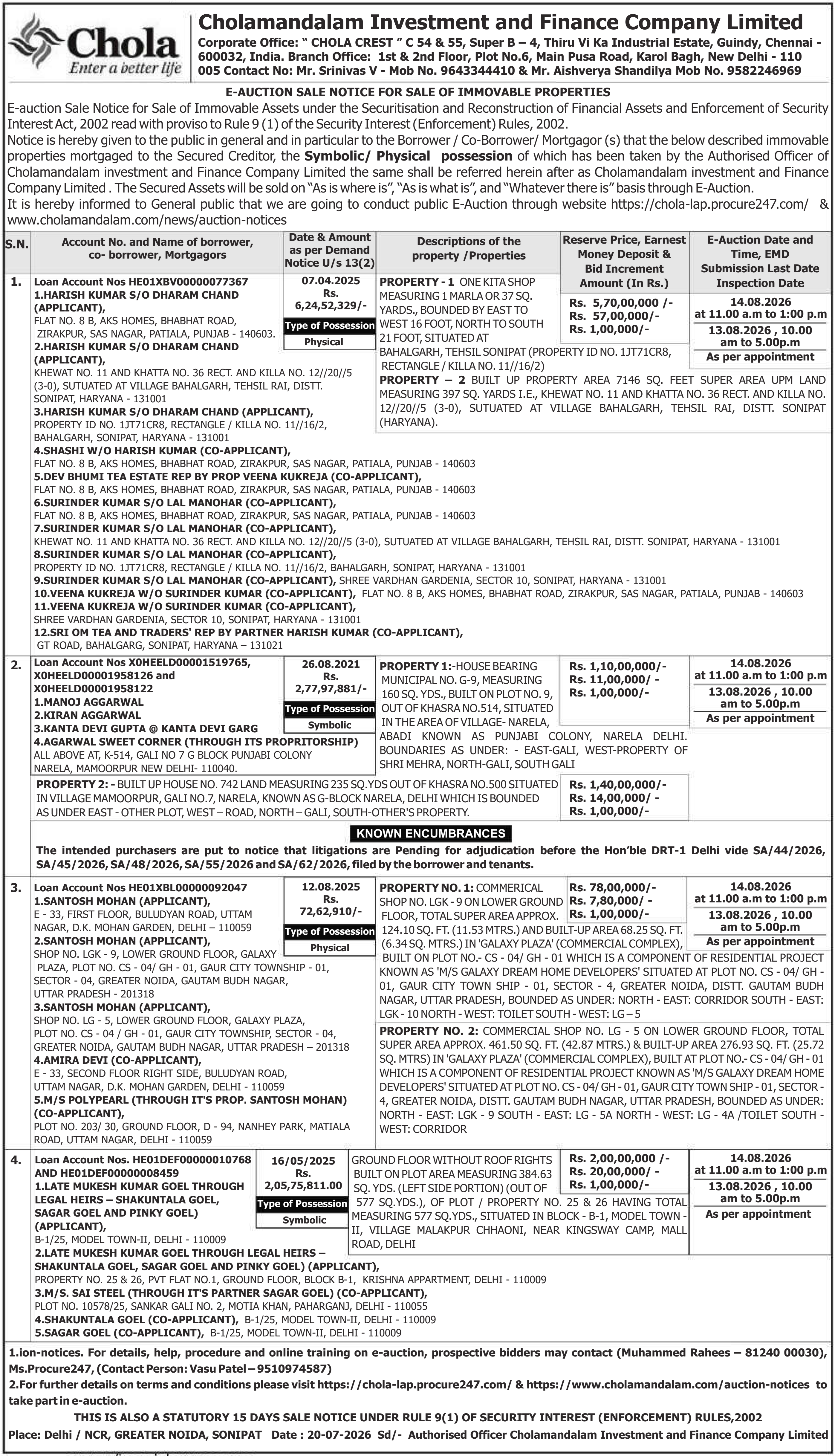 Property auction notice in Delhi — Cholamandalam Investment And Finance Company Limited