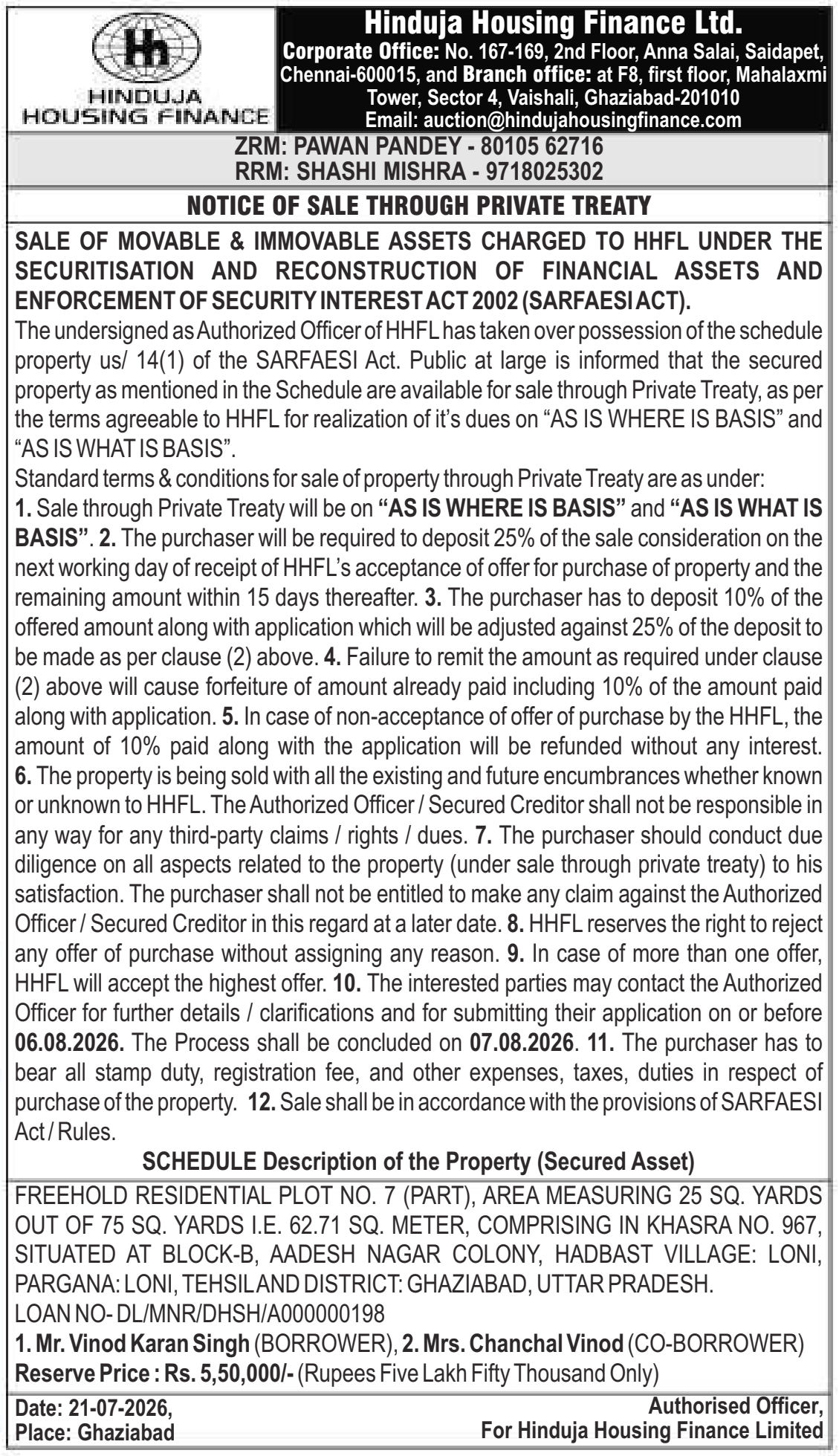 Property auction notice in Loni — Hinduja Housing Finance LTD.