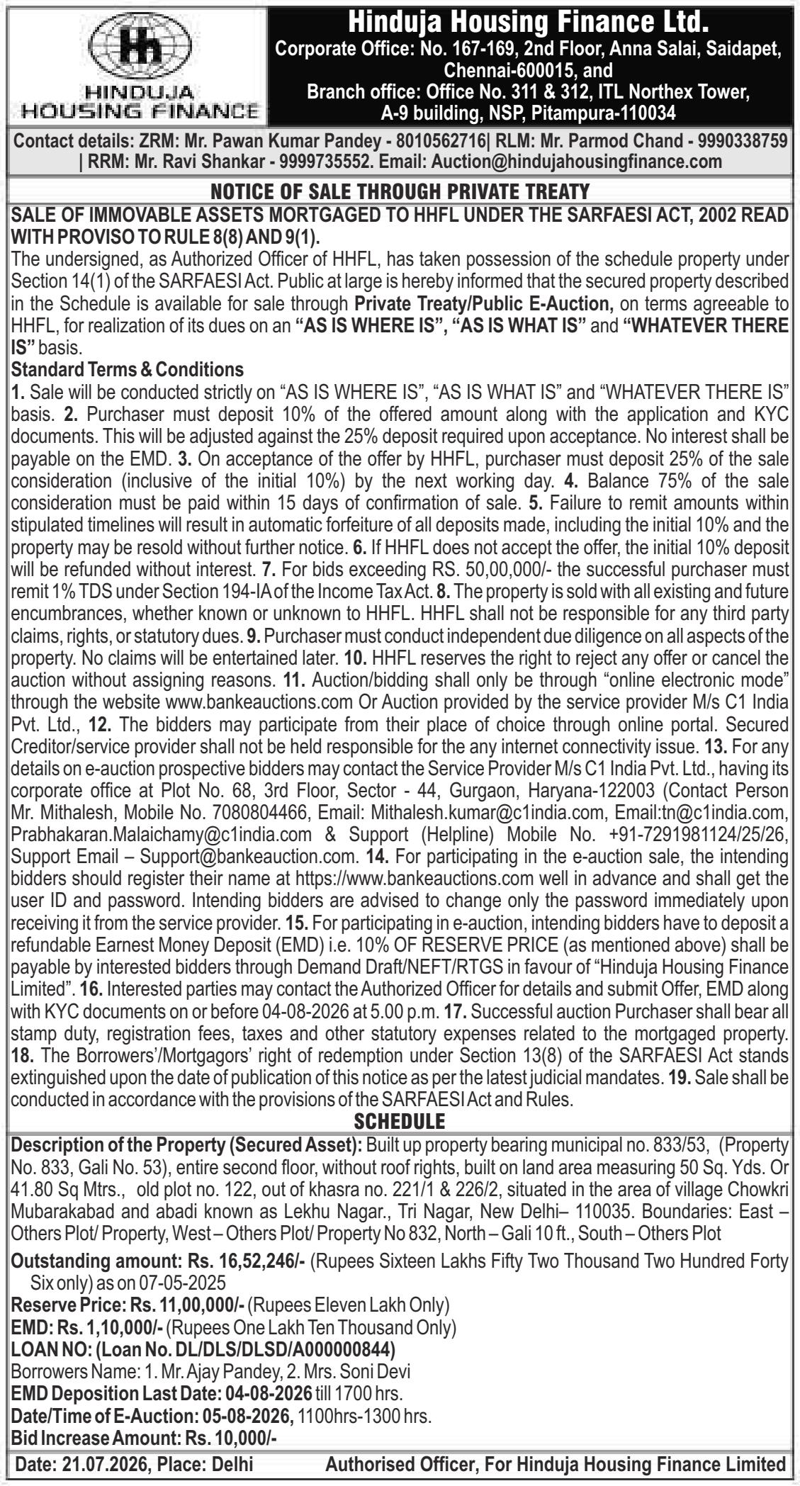Property auction notice in New Delhi — Hinduja Housing Finance LTD.
