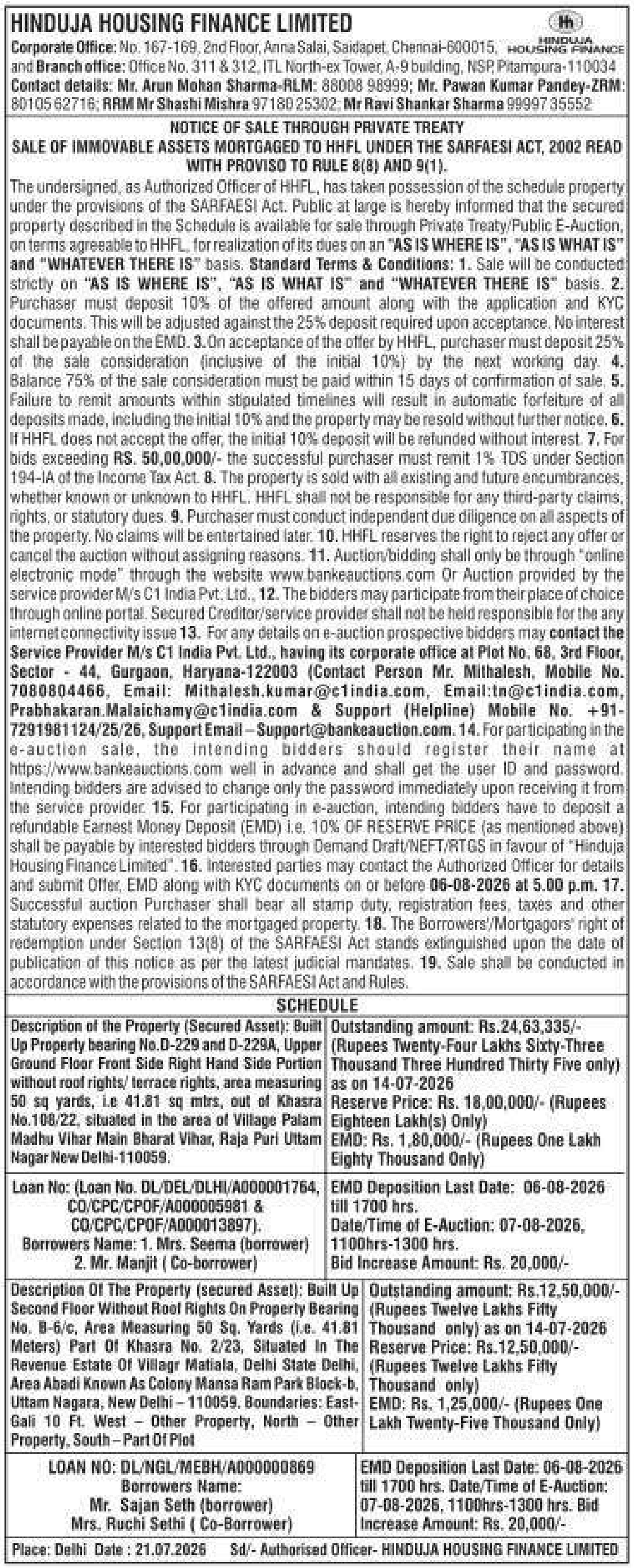 Property auction notice in New Delhi — Hinduja Housing Finance Limited
