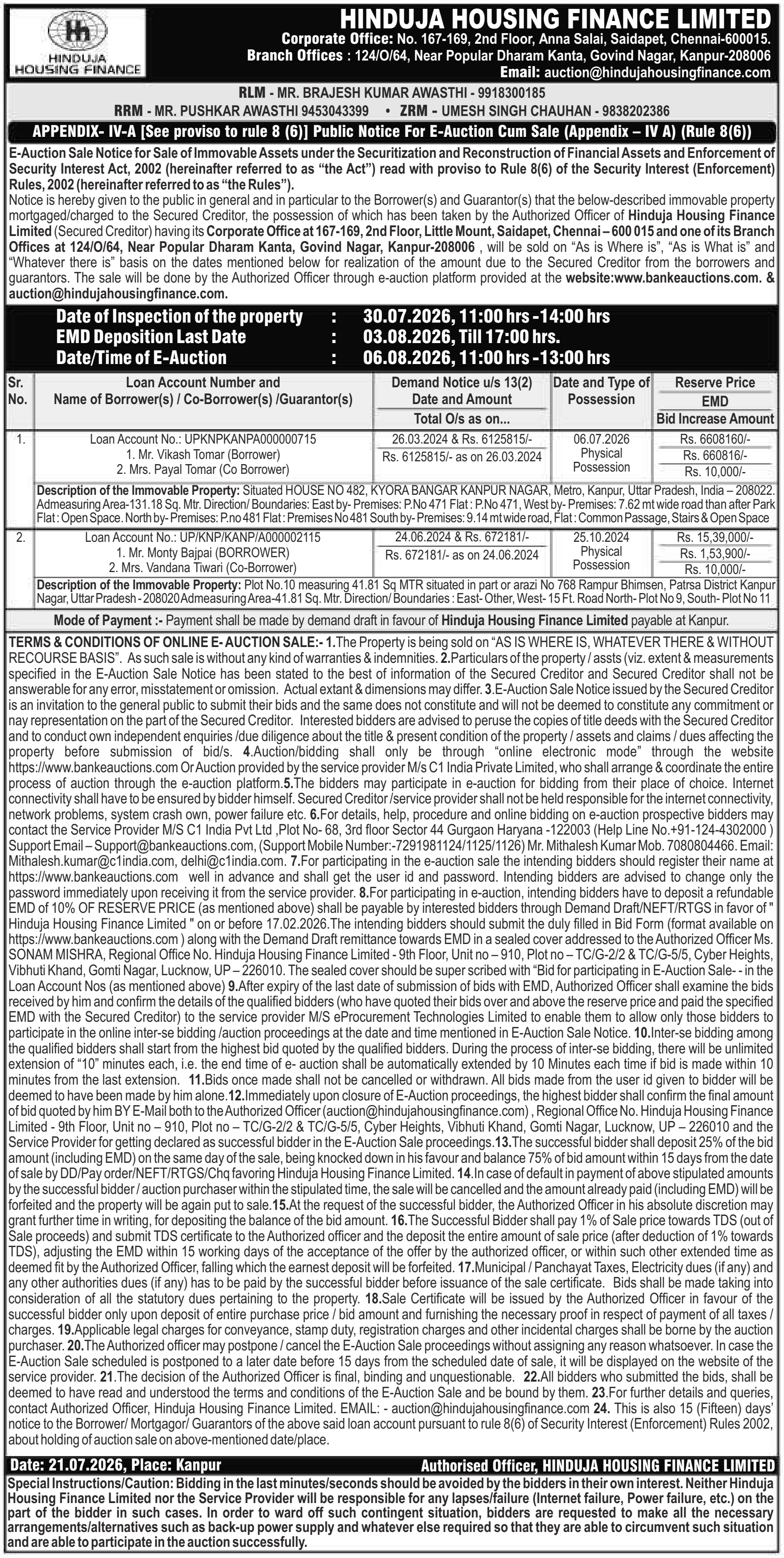 Property auction notice in Kanpur Nagar — Hinduja Housing Finance Limited